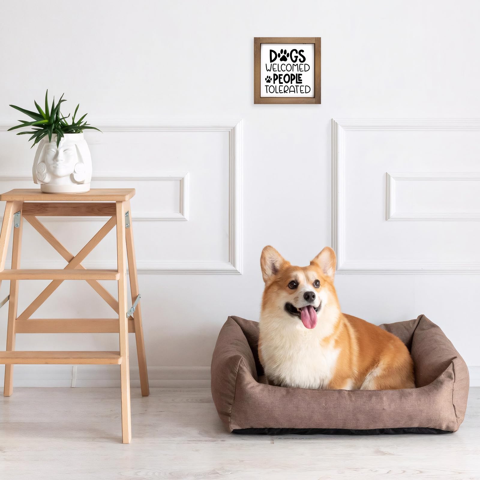 pechpell Wooden Dogs Welcome People Tolerated Sign, 6 Inch Dog Decor for Home, Room Bathroom Bedroom House Wall Table Shelf Rust