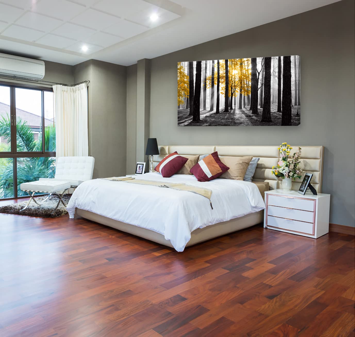 Cao Gen Decor Art S06375 Wall Art Canvas Painting Yellow Tree in Black and White Sunshine Foggy Forest Picture Poster Print Framed Ready to Hang for Living Room Bedroom Office Home Decor