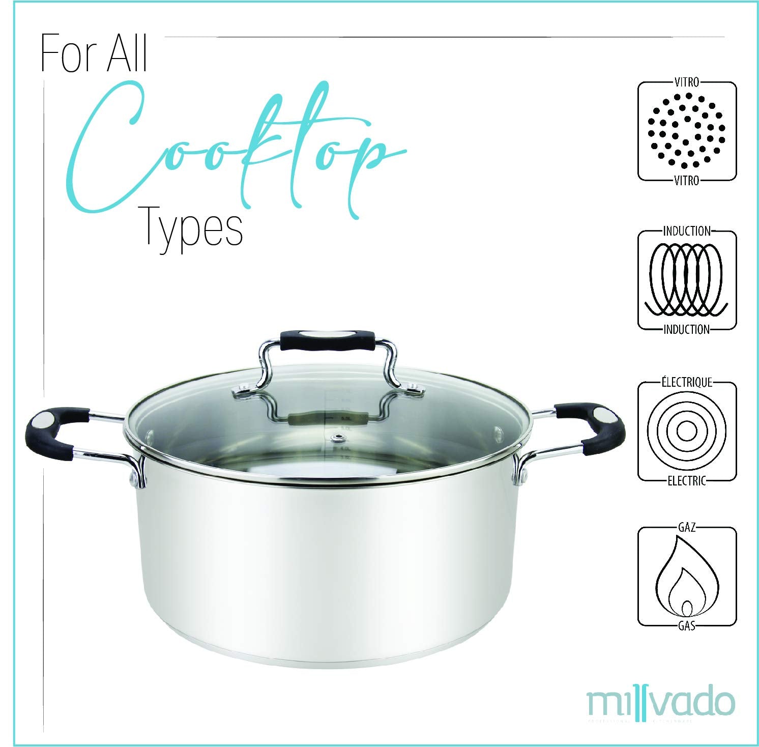 Millvado Stainless Steel Casserole Pot, Large Steel Dutch Oven, Boiling Pot For Soup, Spaghetti, Braising, 8.4 Quart Induction C