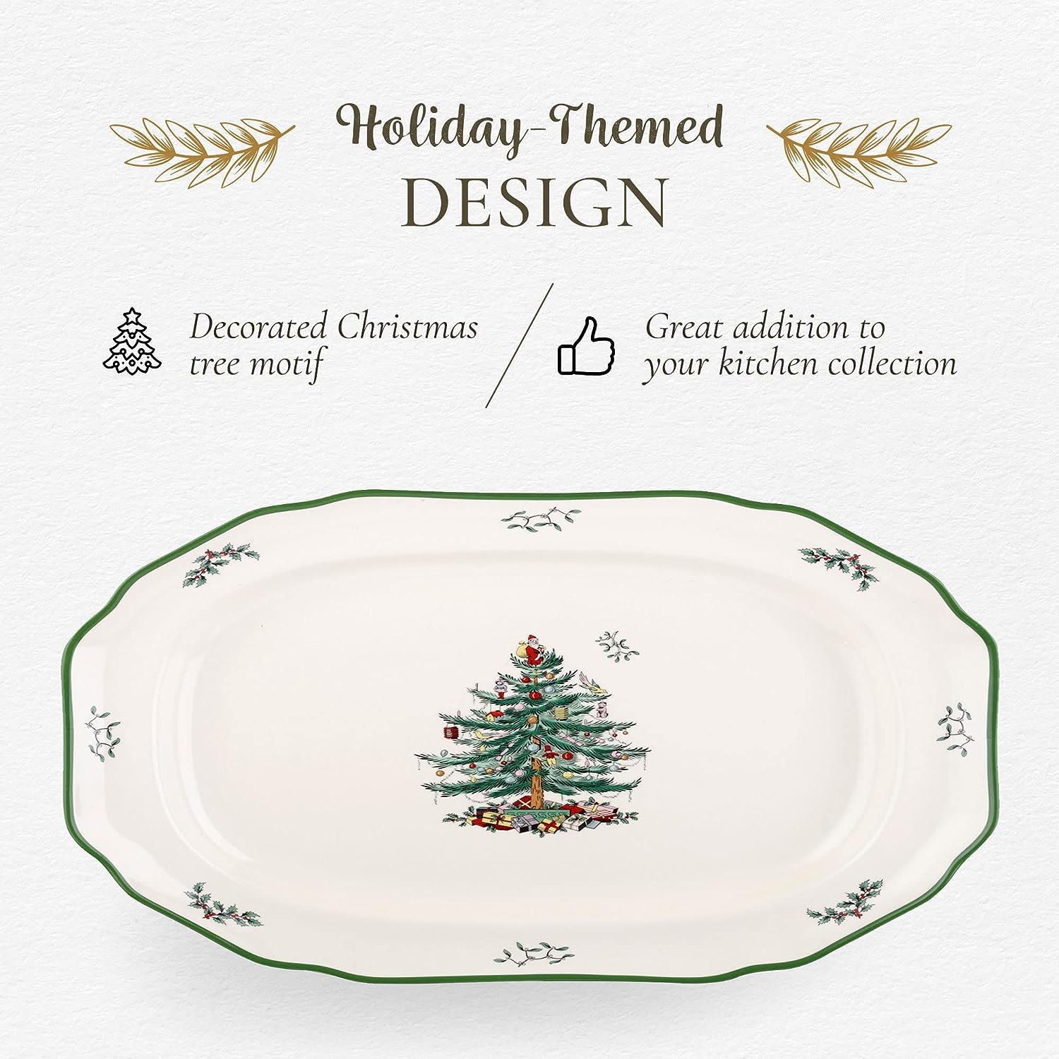 Spode Christmas Tree Sculpted Octagonal Platter, 14-Inch Holiday Serving Platter for Meats, Cheeses & Desserts, Dishwasher & Mic