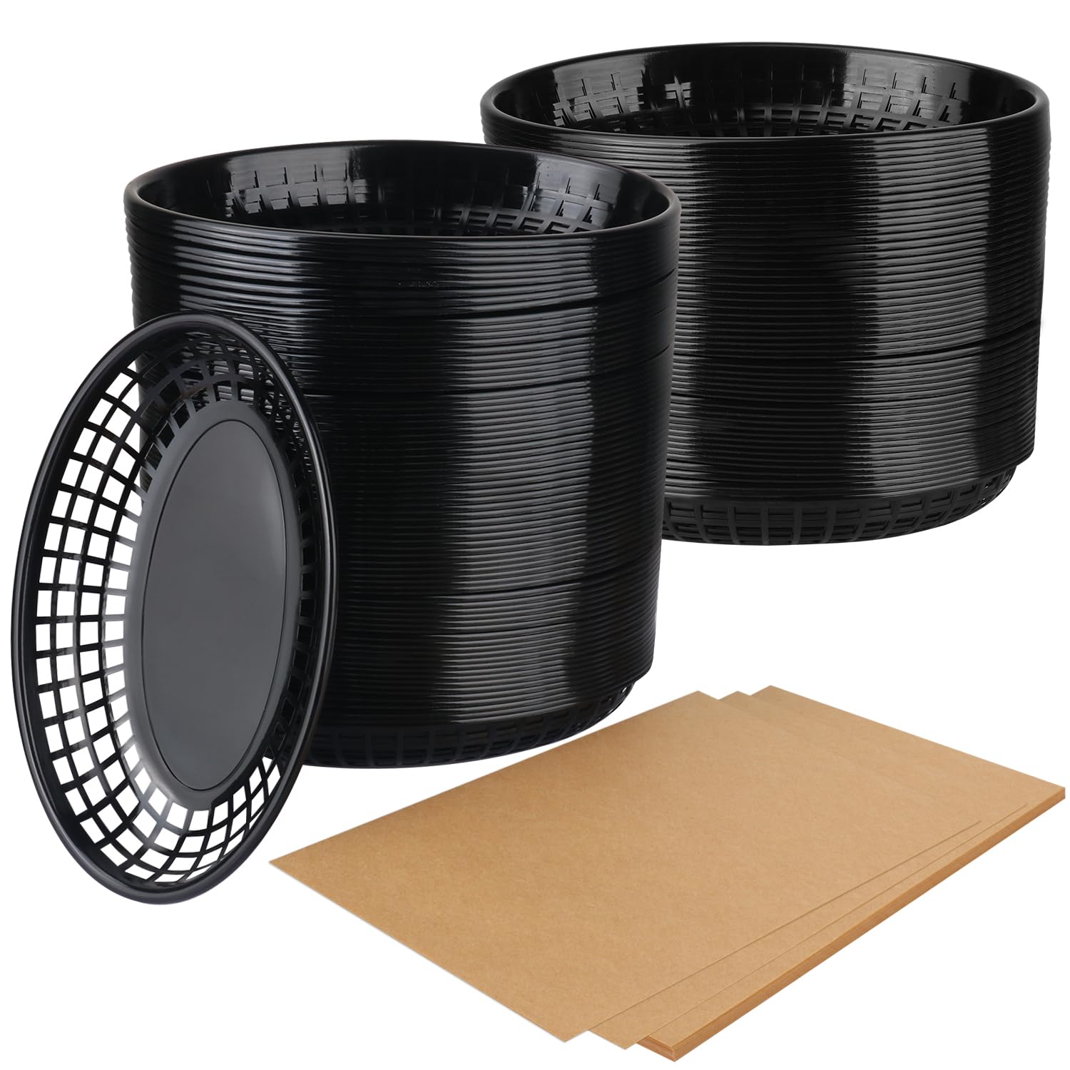 100 Pcs 9 x 5.7 Inch Reusable Black Oval Fast Food Baskets, Sturdy Plastic Platter Baskets with 100 Sheets Deli Paper Liners for