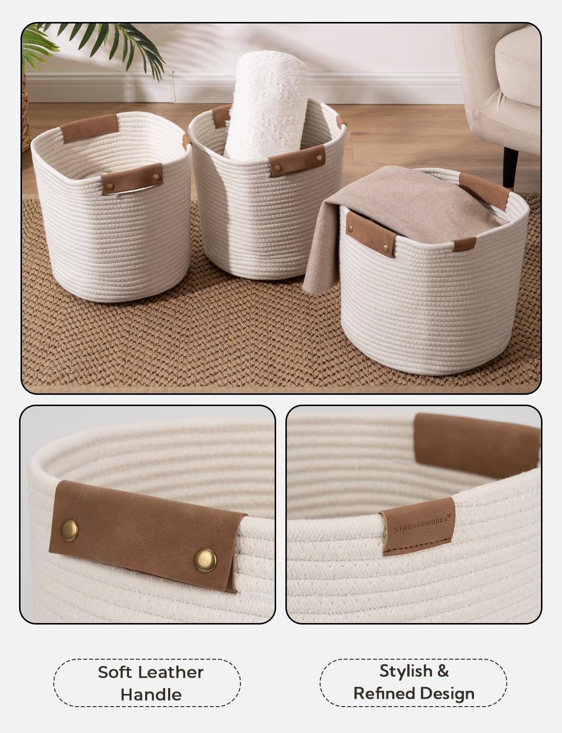 Storageworks 11X11X11 Woven Baskets - 3 Pack, Cotton Rope Baskets With Leather Handles, White - Cube Storage Organizer For Bedro