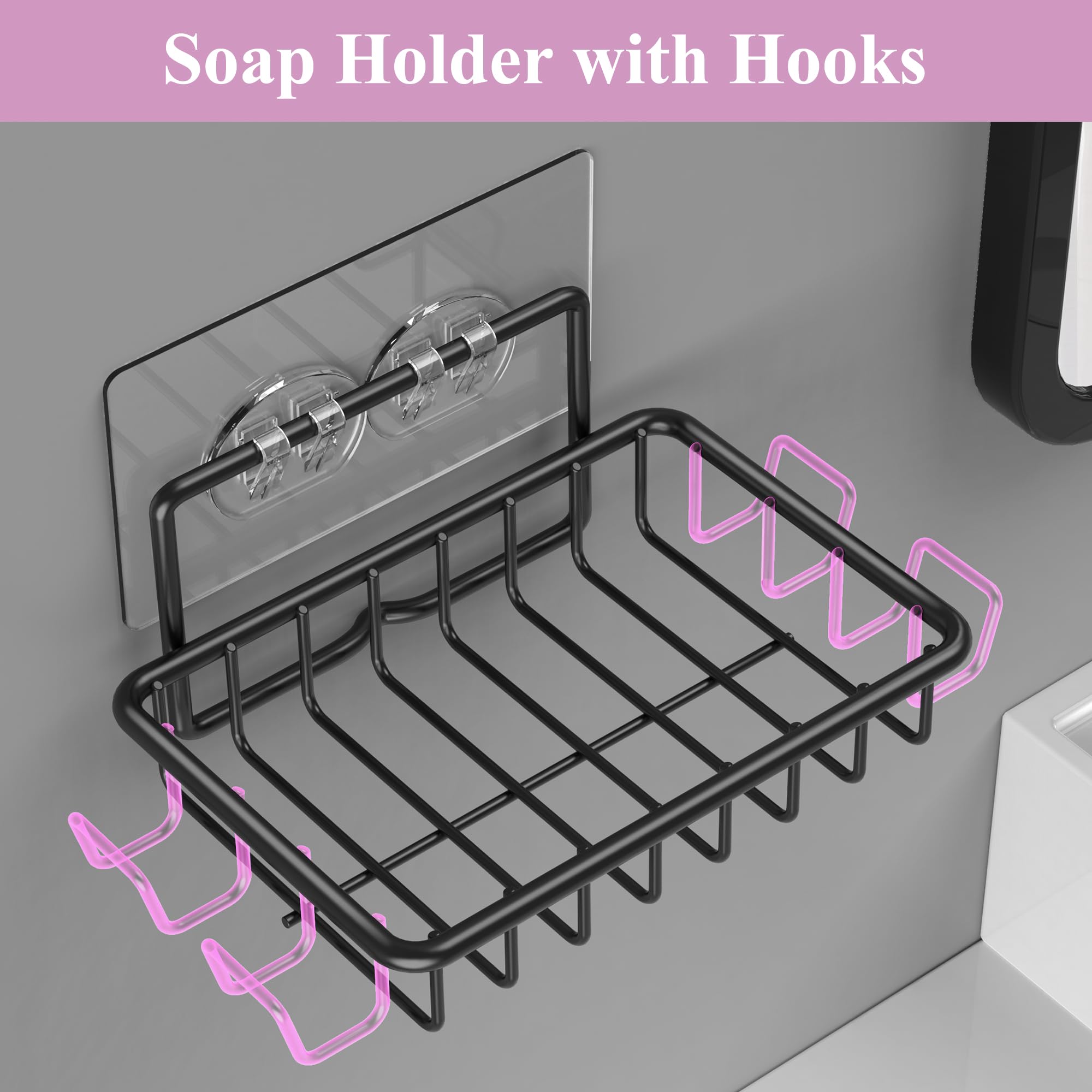 Ailibuligo Adhesive Soap Bar Holder Dish For Shower Wall With Hooks, Black, 2 Pack