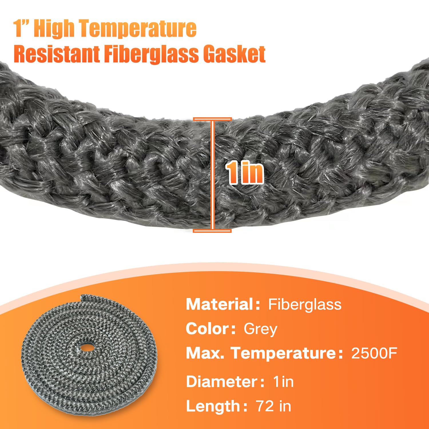 Protalwell Wood Stove Gasket, (1'' Diameter) Wood Stove Door Gasket, Heat Resistance Fiberglass Gasket Rope, Grey Color, 72 Inch
