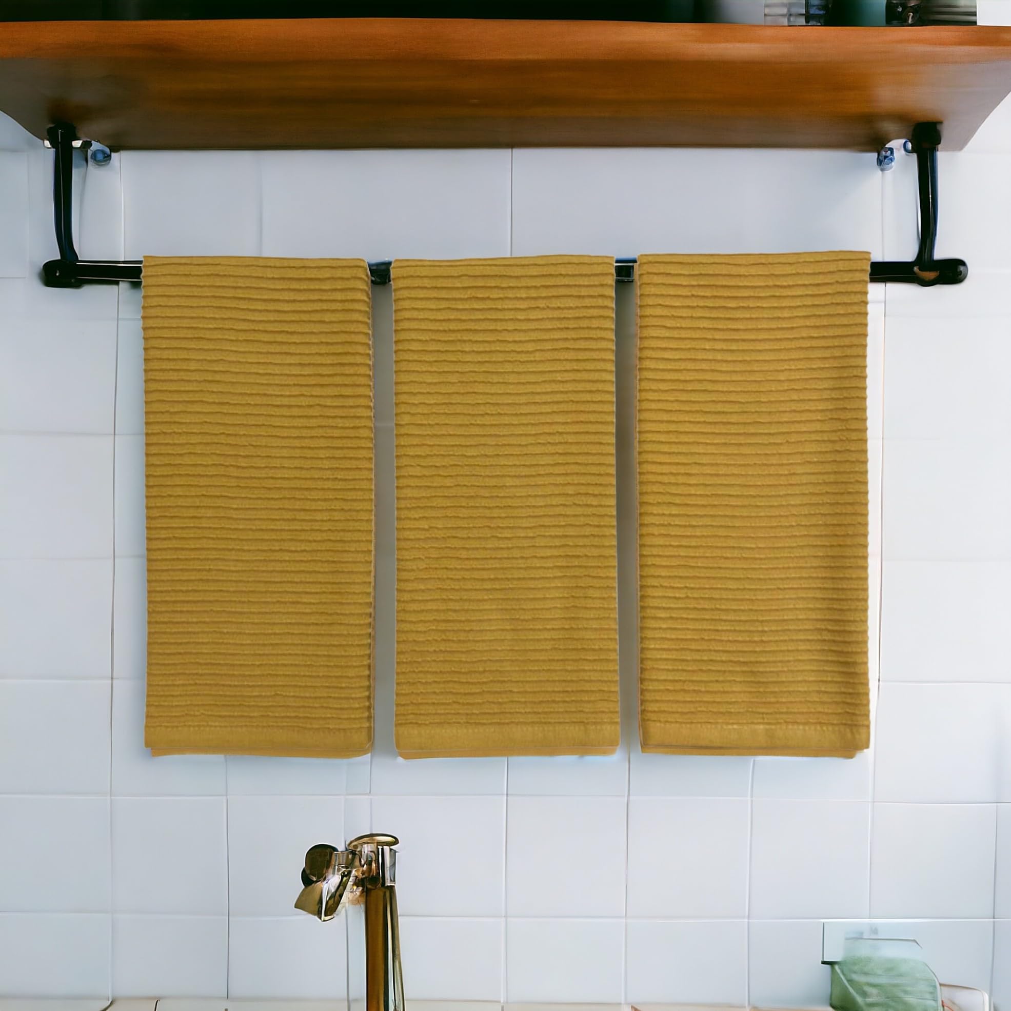 Mustard Yellow Ribbed Kitchen Dish Towels: 100% Cotton Cloth Soft Cleaning Drying Absorbent Terry Loop, Set Of 3 Multipurpose Fo
