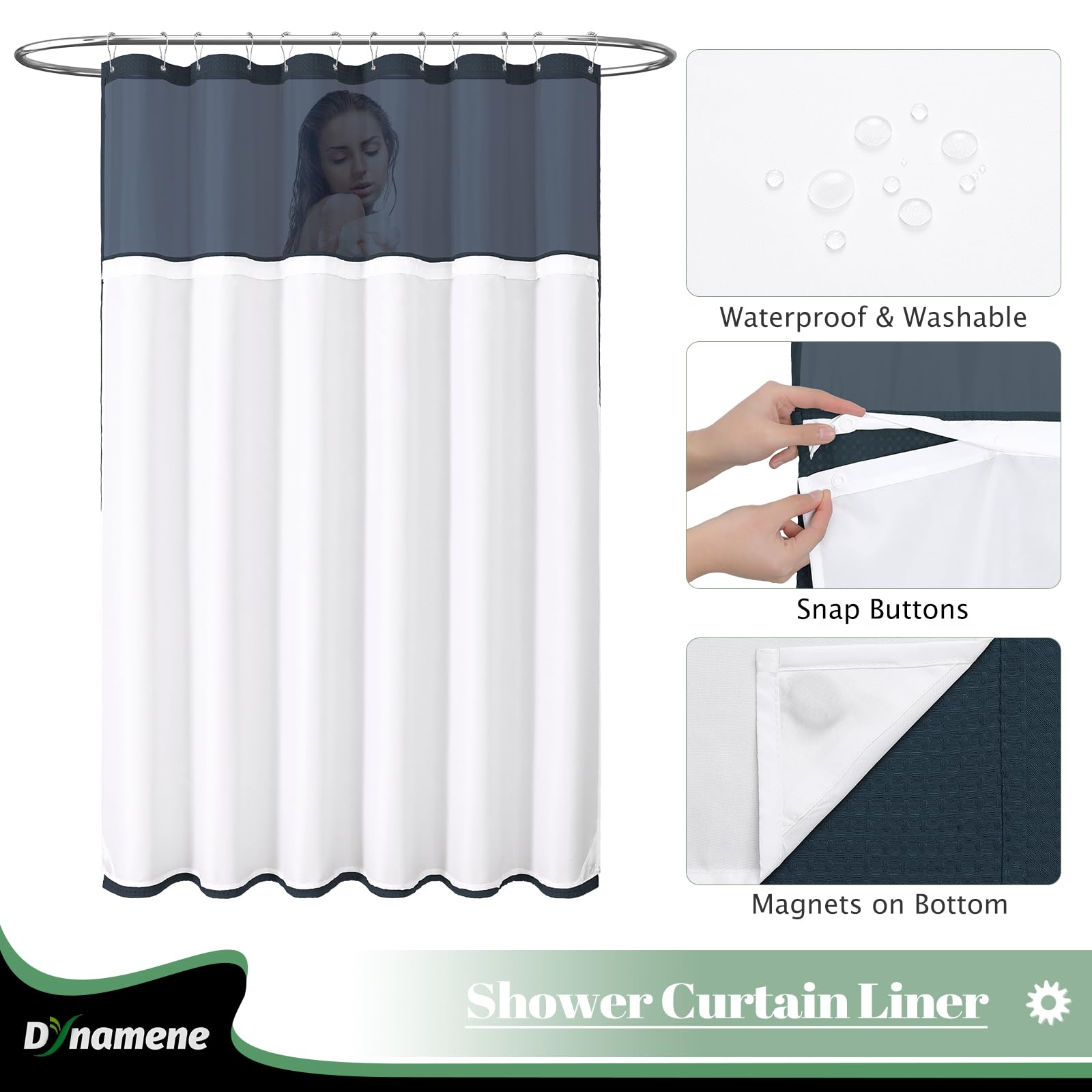Dynamene Fabric Shower Curtain With Snap In Liner, Navy Blue Waffle Hotel Shower Curtains For Bathroom, Washable Waterproof Clot