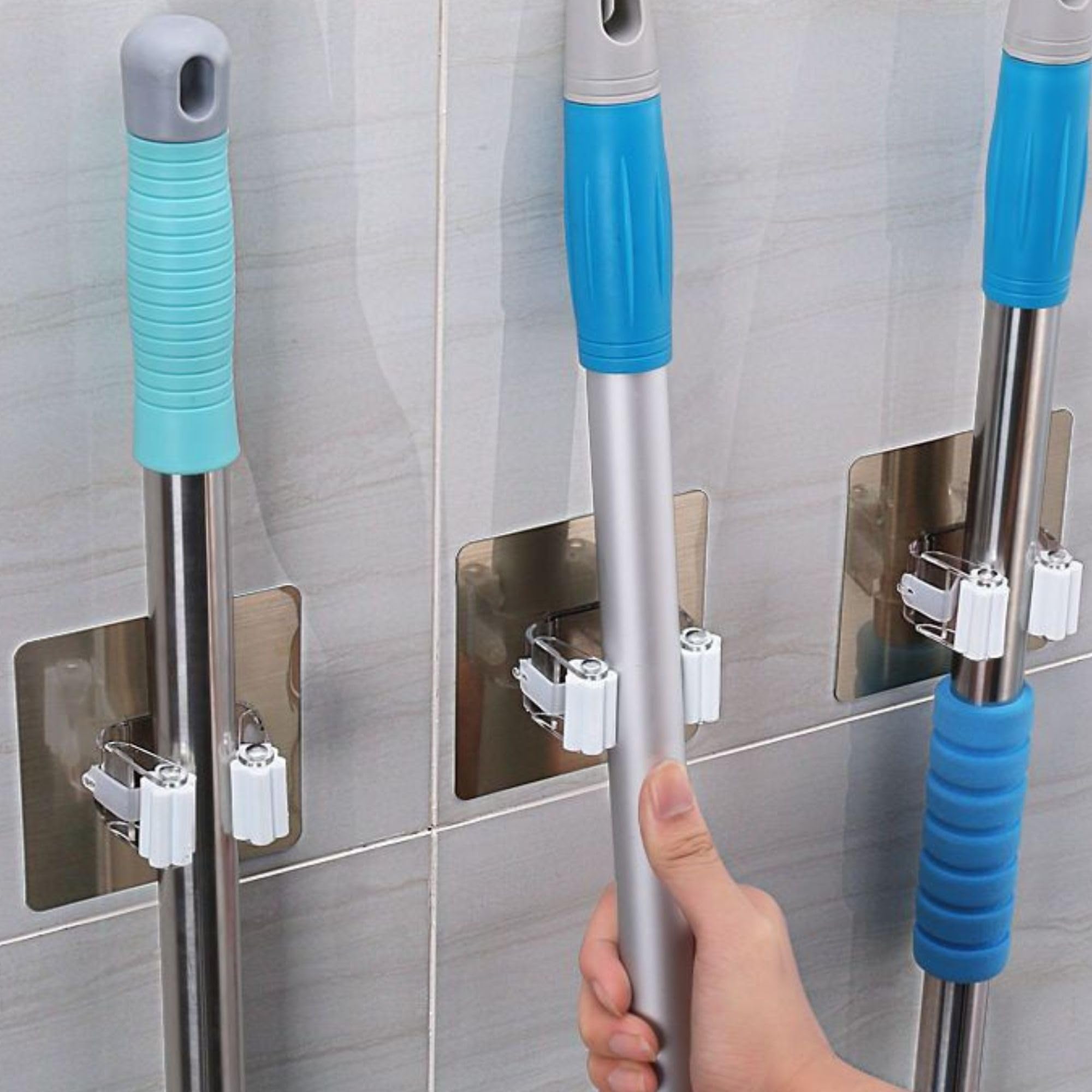 Chillyfit 4 Pack Jhadu Broom Mop Holder For Wall Mount Without Drilling, Mop Hanger Stand For Home, Bathroom & Kitchen, Multipur