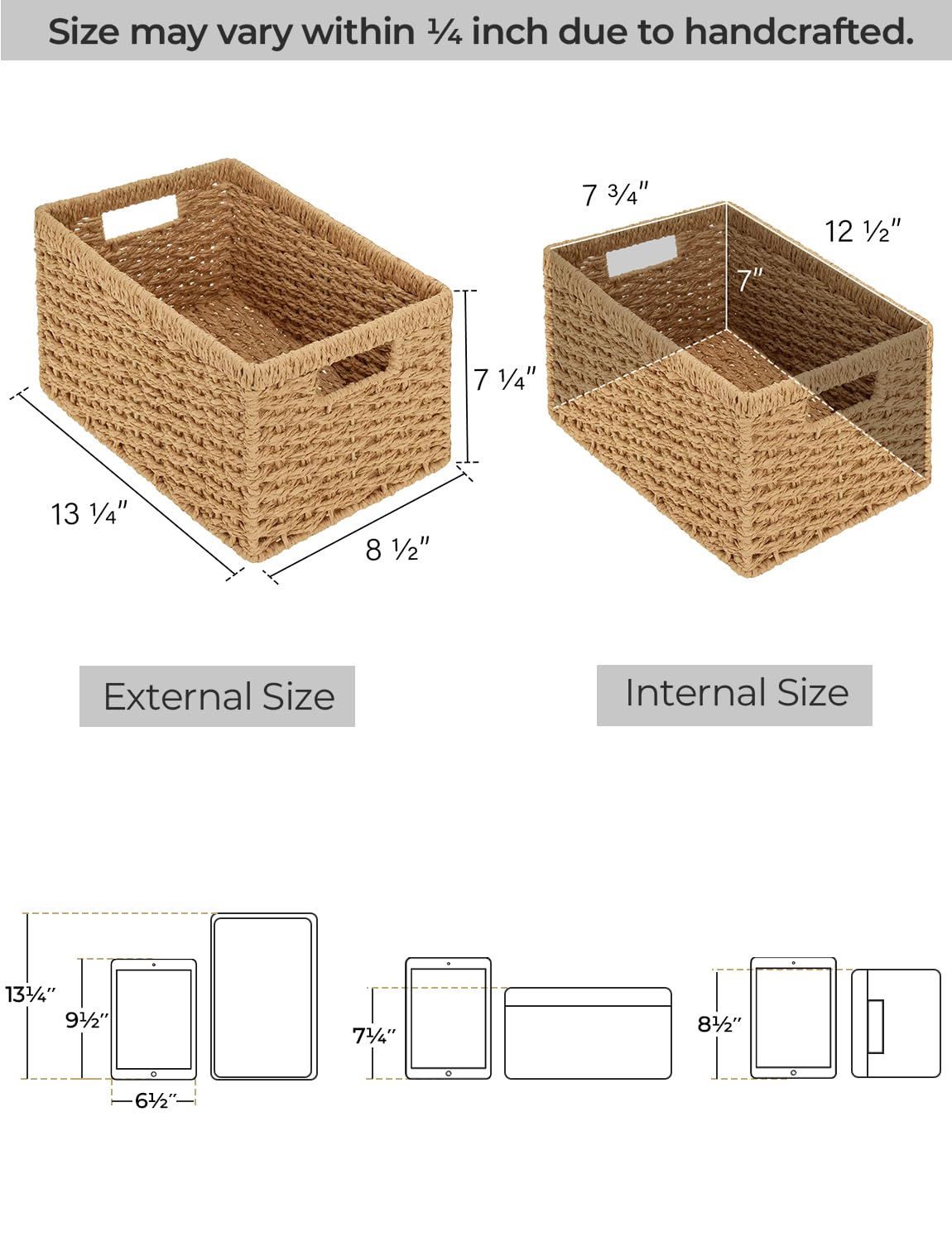 Storageworks Round Paper Rope Storage Baskets, Rectangular Wicker Baskets With Built-In Handles, Medium, 13  X 8  X 7  Inches, 2