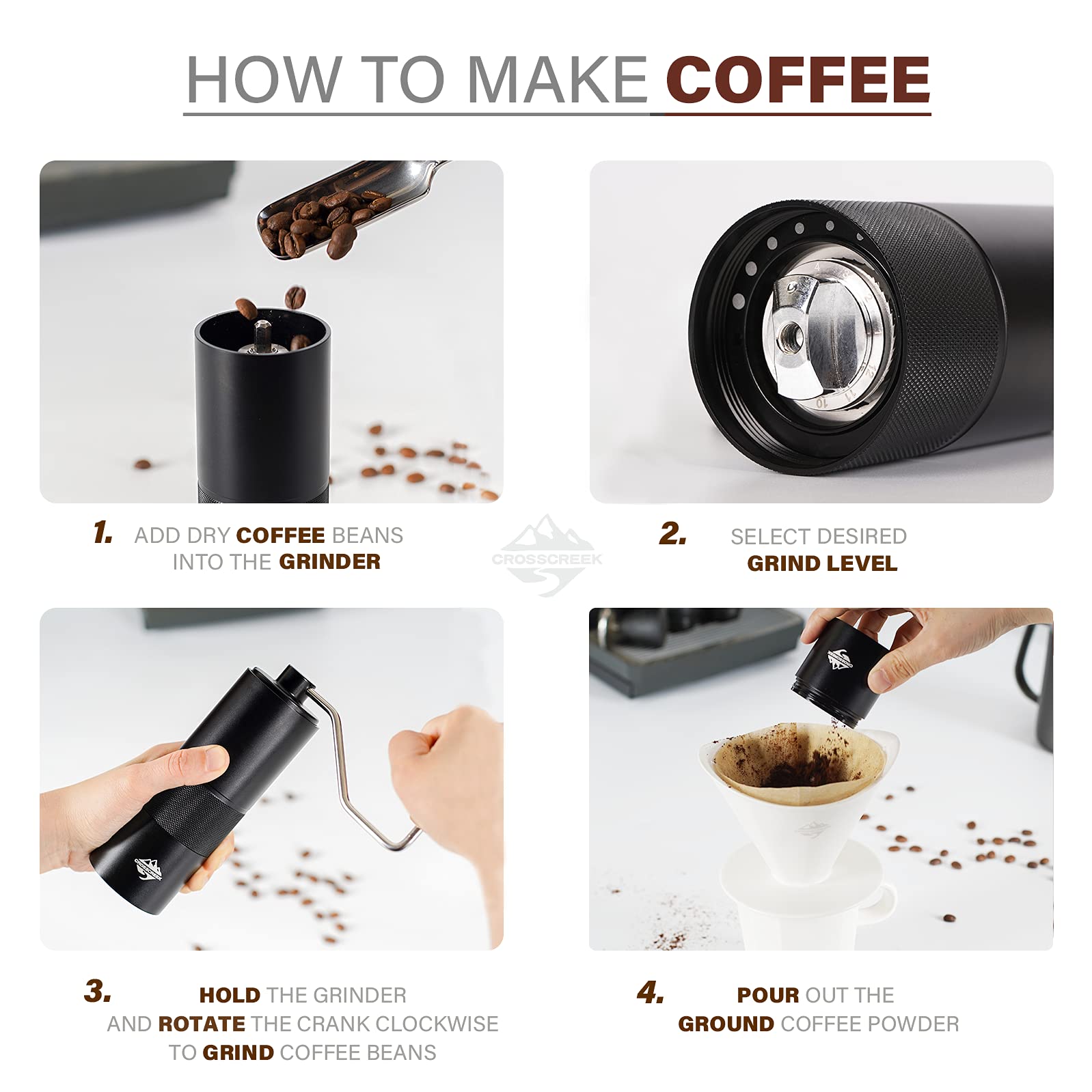 Manual Coffee Grinder, Black Portable Hand Coffee Grinder With 36 Adjustable Settings By Crosscreek, Cnc Stainless Steel Burr Mi