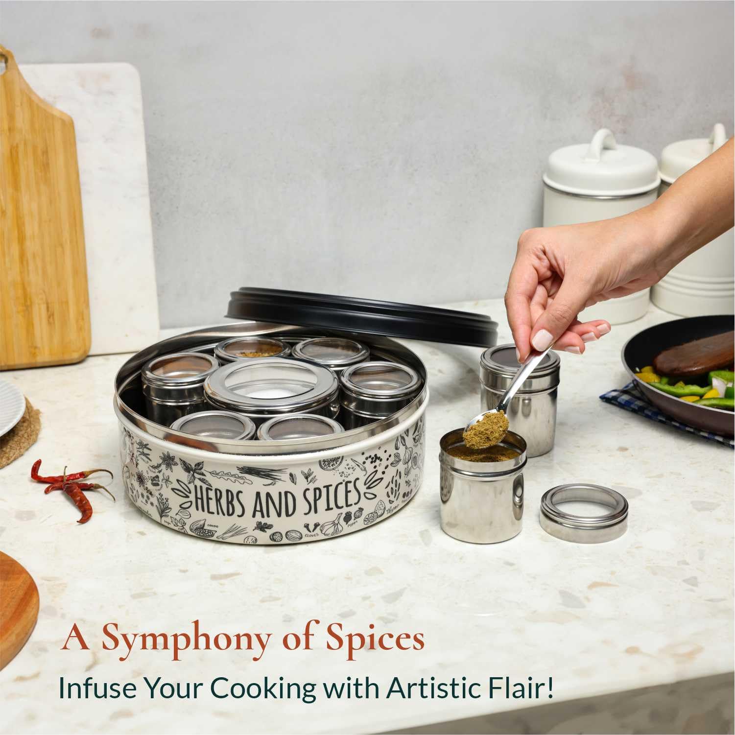 dudki 9 in 1 Herbs & Spice | Stainless Steel Handcrafted Spice Box With Meena Work | Masala Box for Kitchen Steel| See through l