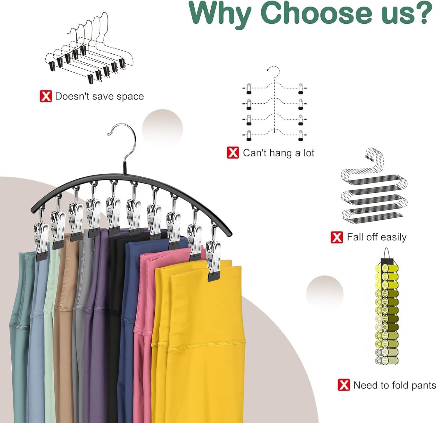 Legging Organizer For Closet,Pants Hangers, Metal Yoga Pants Hangers 2 Pack W/10 Clips, Space Saving Hanging Closet Organizer W/