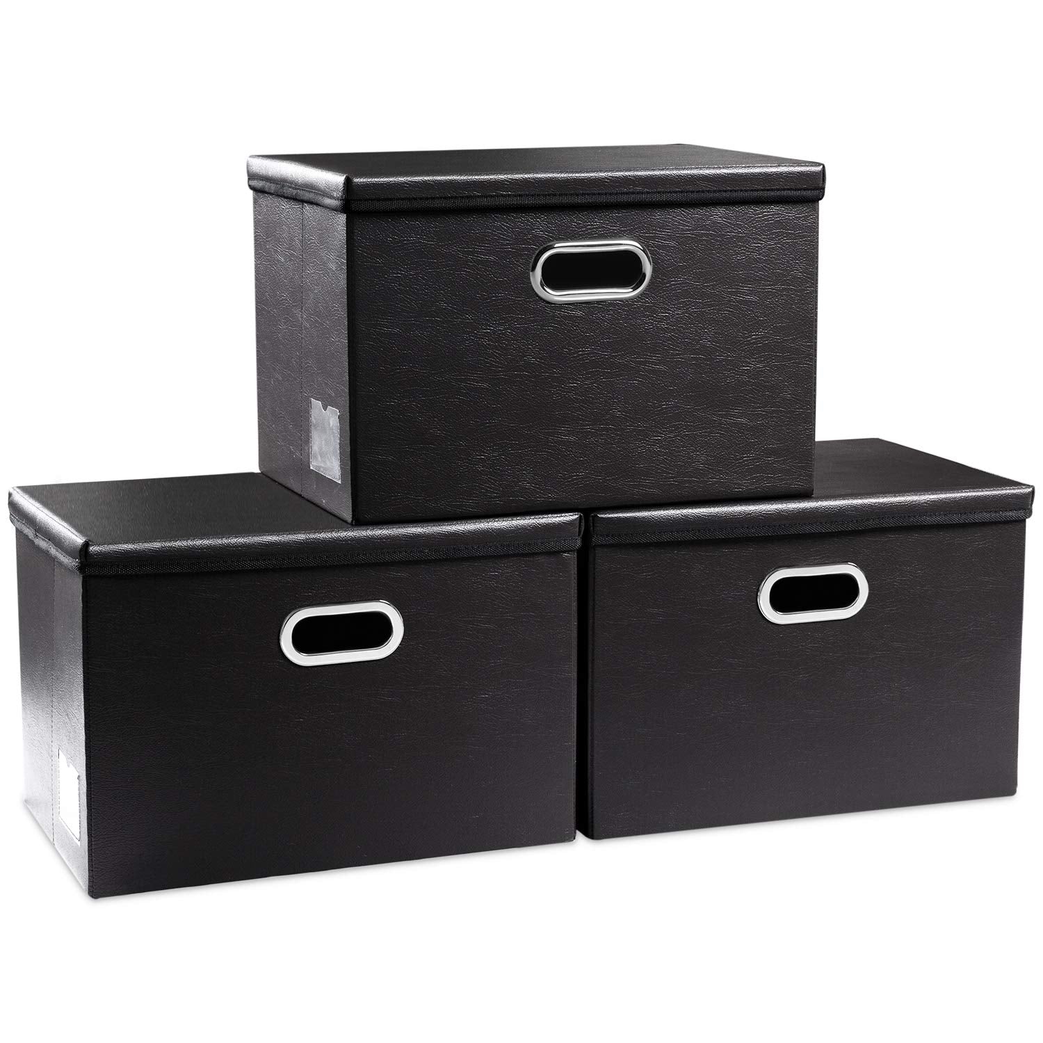 Prandom Large Foldable Storage Bins With Lids [3-Pack] Leather Fabric Collapsible Storage Boxes Organizer Containers Baskets Cub