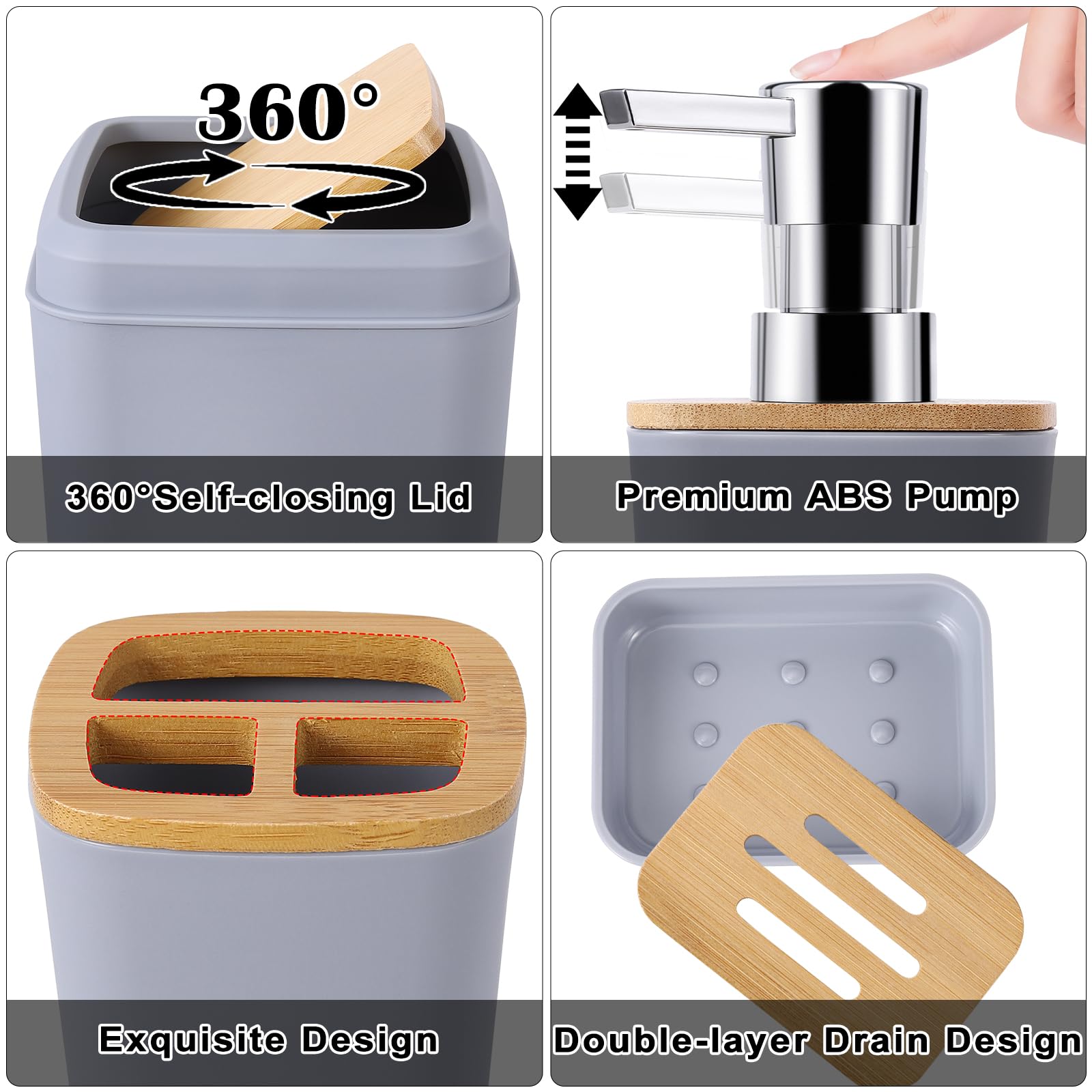 Grey Bathroom Accessories Set With Trash Can 9 Piece Grey Bathroom Decor Toothbrush Holder,Toothbrush Cup,Lotion Soap Dispenser,