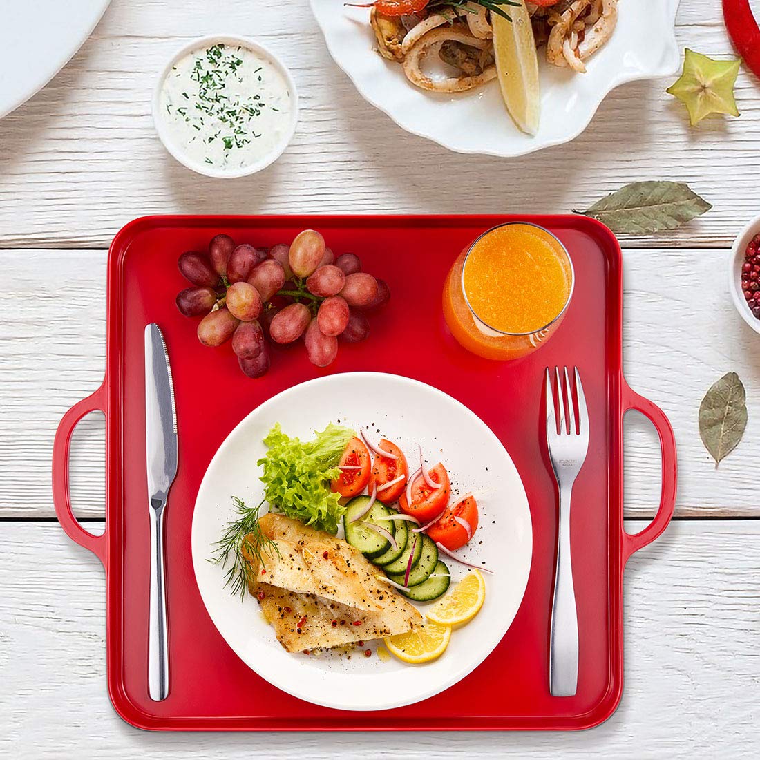 I Bkgoo Foodservice Red Plastic Tray With Handle Set Of 2 Large Melamine Cube Serving Platters For Parties, Table, Kitchen Size(