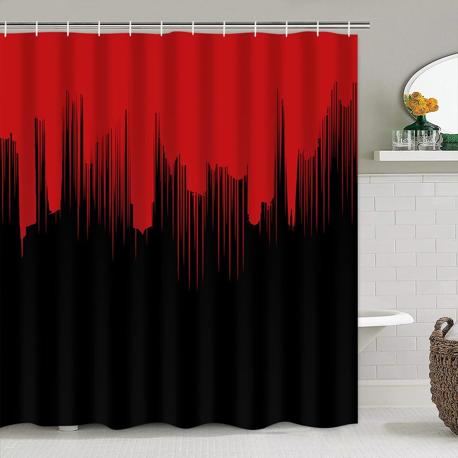 Yddsky 4 Pcs Red And Black Shower Curtain Sets Non-Slip Rugs Bath Mat Toilet Cover, U-Shaped Mat, Gradient Shower Curtain With 1