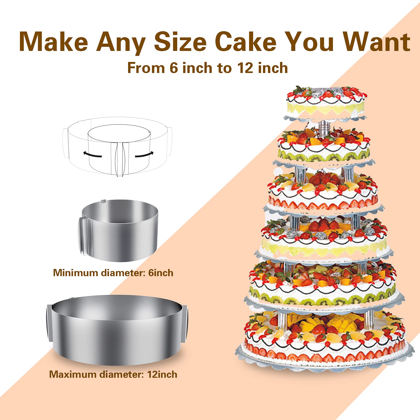 Ineibo Cake Ring And Cake Collar Set, 6 To 12 Inch Adjustable Cake Mousse Mould Set With 6Inch Clear Cake Roll, Stainless Steel