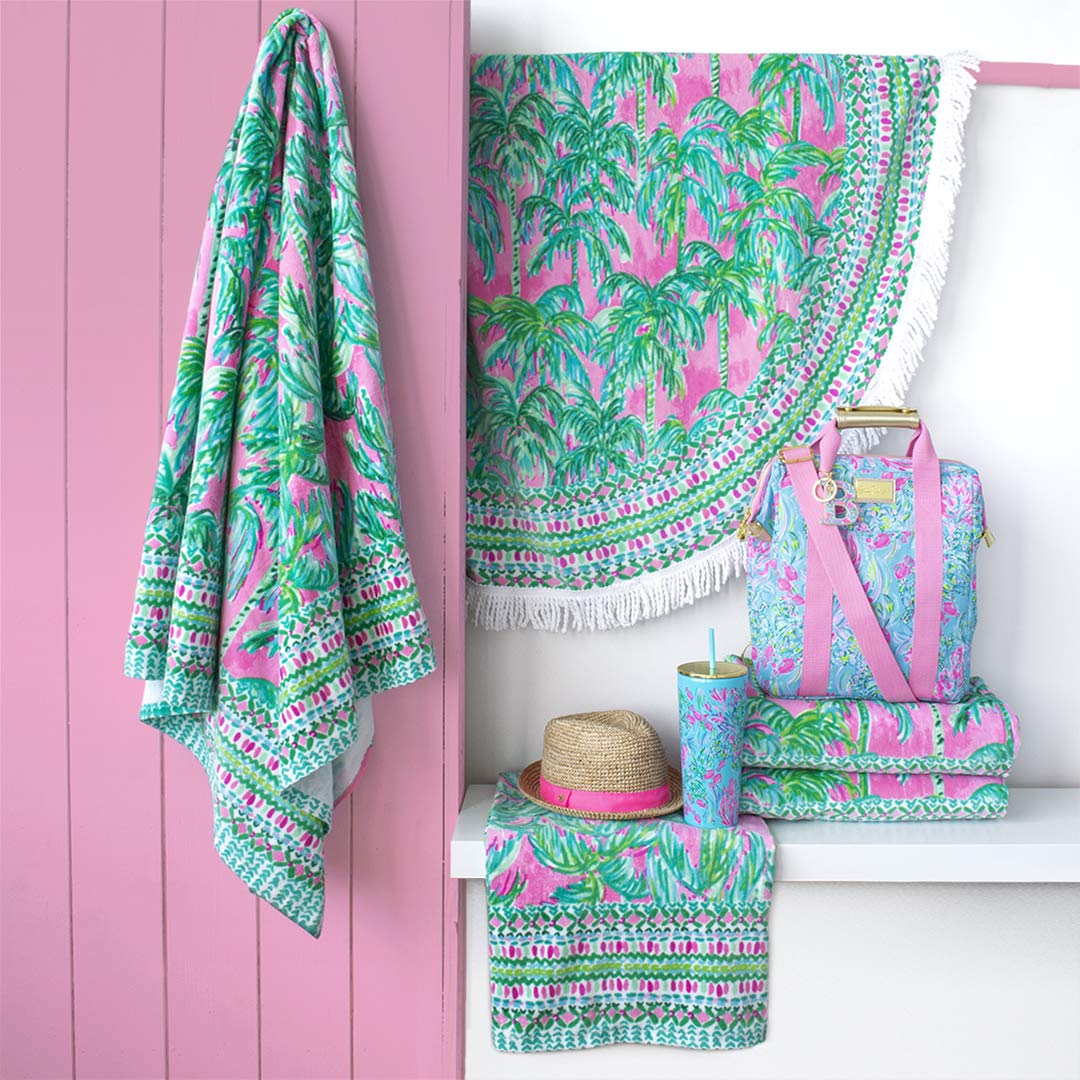 Lilly Pulitzer Oversized Pool/Beach Towel, 40 X 70, Large Terry Cloth Towel For Adults, Pink/Green Palm Tree Print, Suite Views