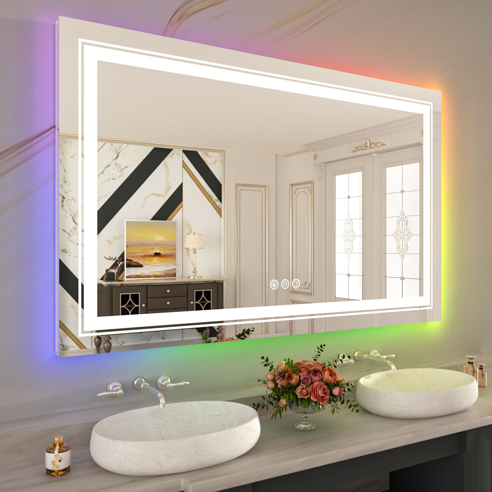 Wtty Led Bathroom Mirror 48''X32'' With Rgb Backlit And Front Light,Stepless Dimmable Led Mirror For Bathroom,Colored Lighted Ba
