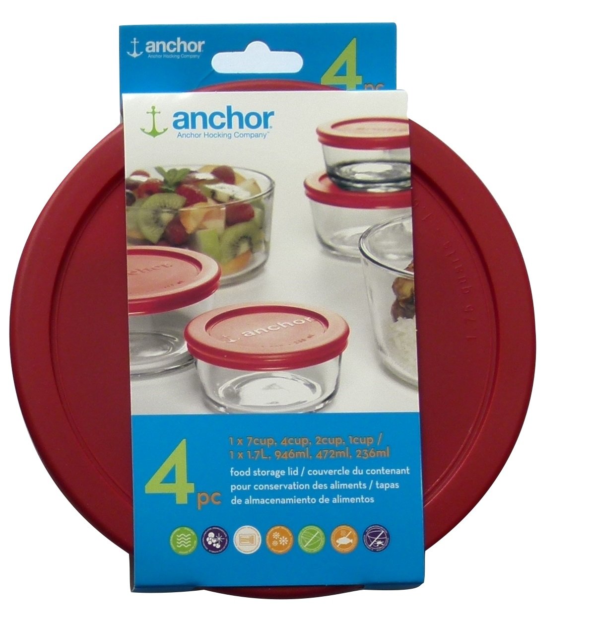 Anchor Hocking Replacement Lids 1X7Cup,1X4Cup,1X2Cup,1X1Cup, Red Round Lid