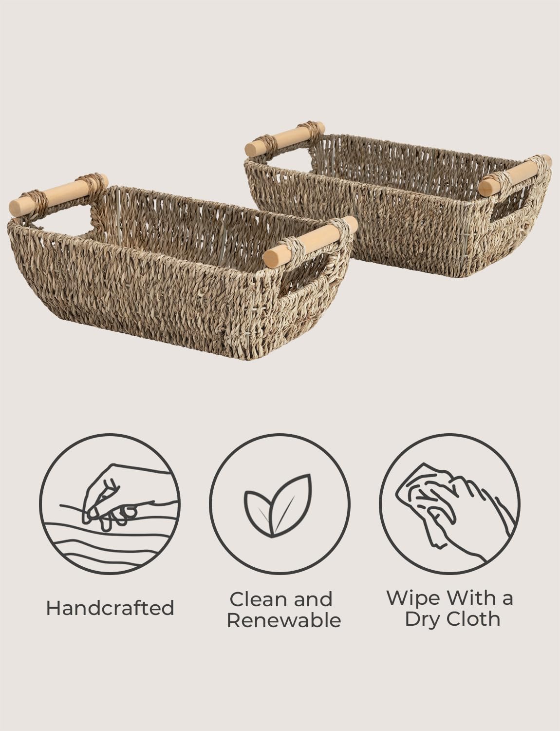 StorageWorks Small Wicker Baskets  Handwoven Baskets for Storage  Seagrass Rattan Baskets with Wooden Handles  2-Pack