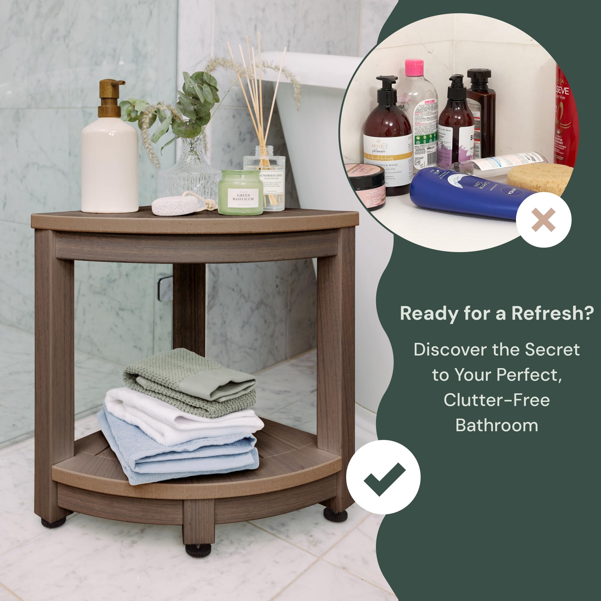 Rohkex Corner Shower Stool - Teak Shower Bench & Foot Rest - Waterproof, Adjustable, Non-Slip For Shaving Legs - Inside Shower S