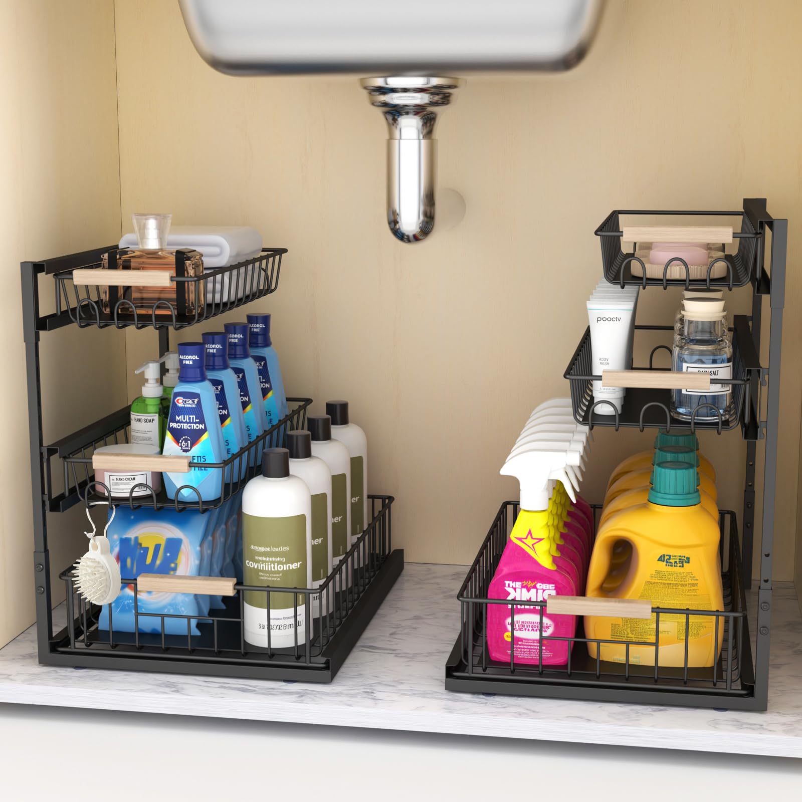 3 Tier Under Sink Organizer, Adjustable Pull Out Metal Storage Drawer