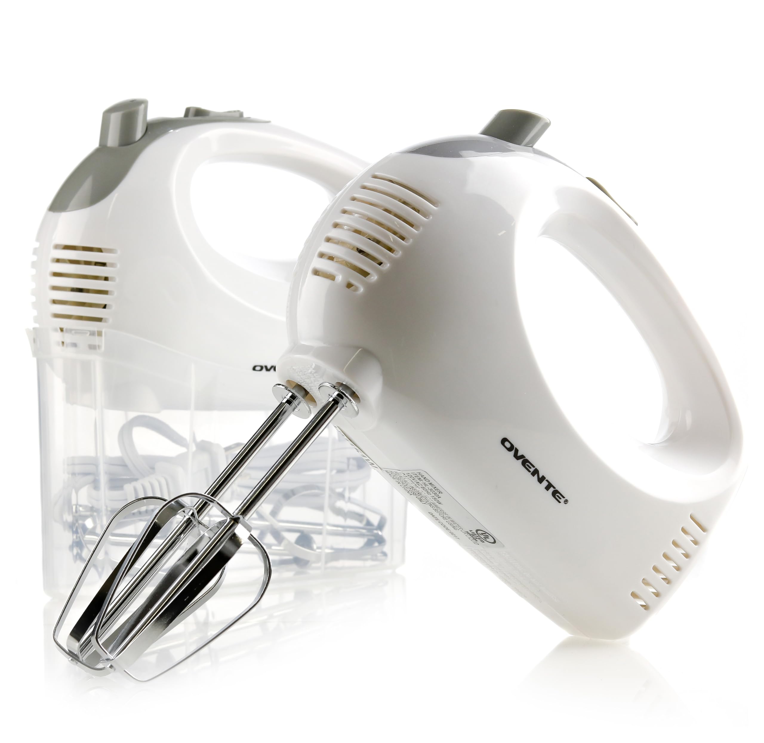 Ovente Portable 5 Speed Mixing Electric Hand Mixer With Stainless Steel Whisk Beater Attachments & Snap Storage Case, Compact Li