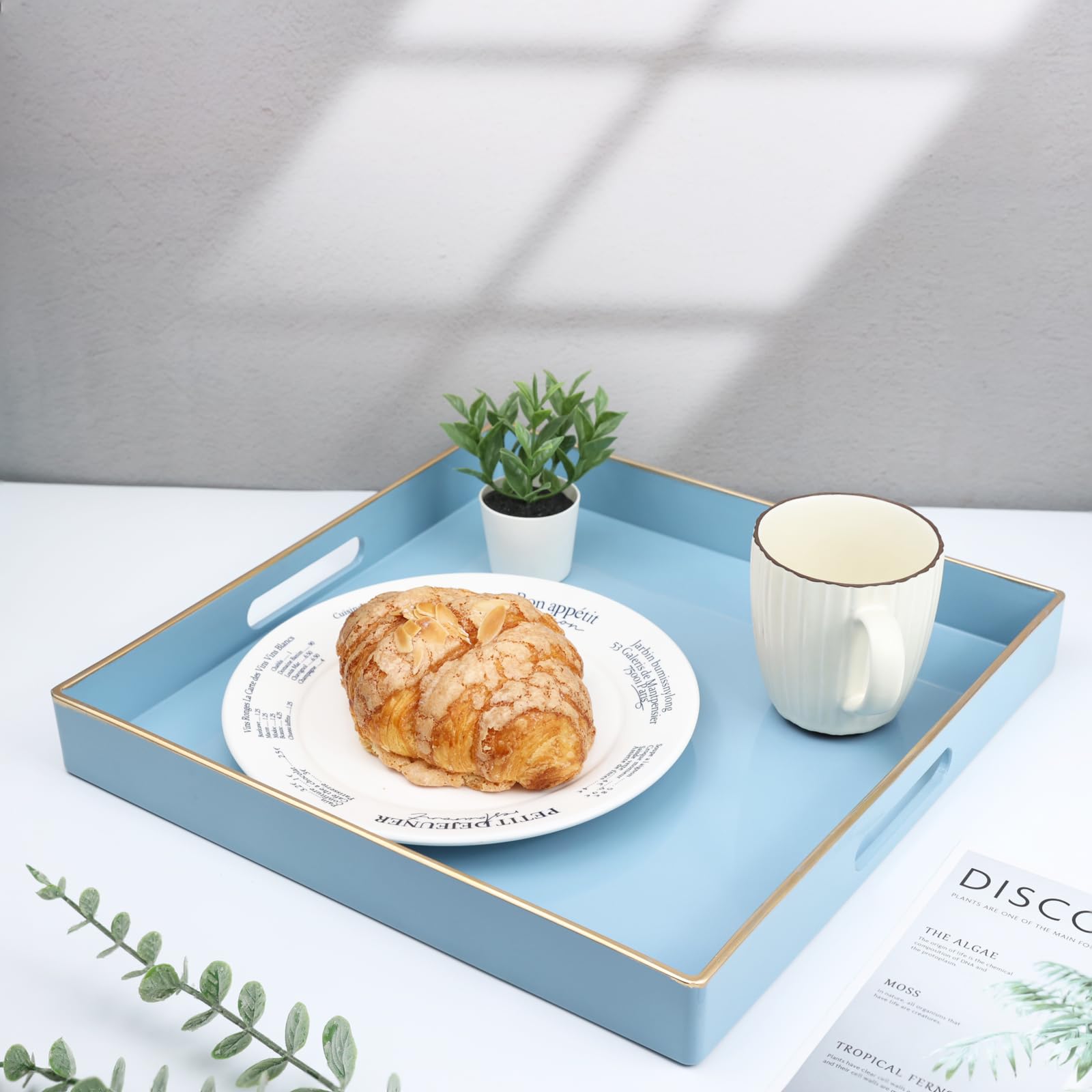 Spsyrine Light Blue Decorative Tray For Living Room, Square Modern Plastic Round Coffee Serving Table Tray For Ottoman Bathroom