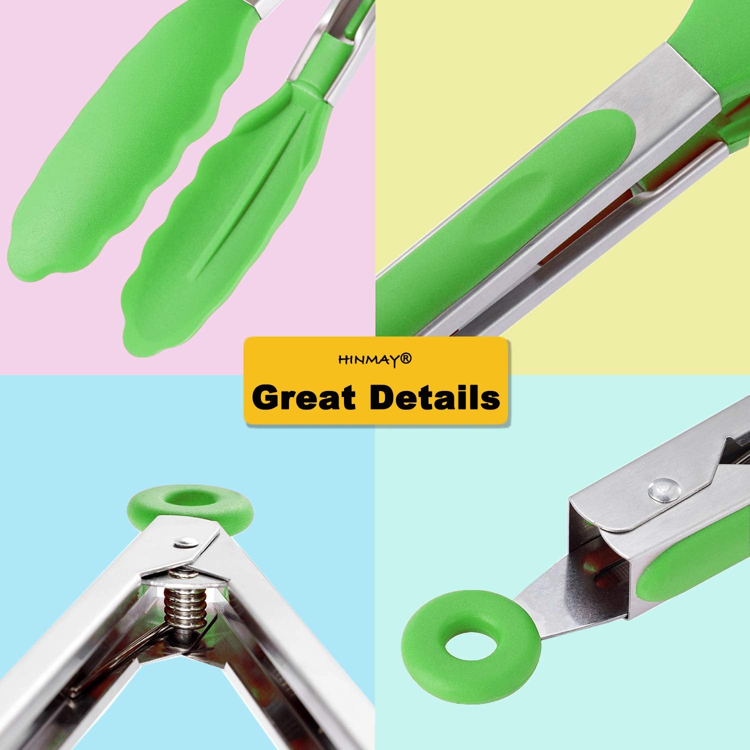 Hinmay Silicone Tongs 9-Inch Stainless Steel Locking Kitchen Tongs, Set Of 3 (Green)