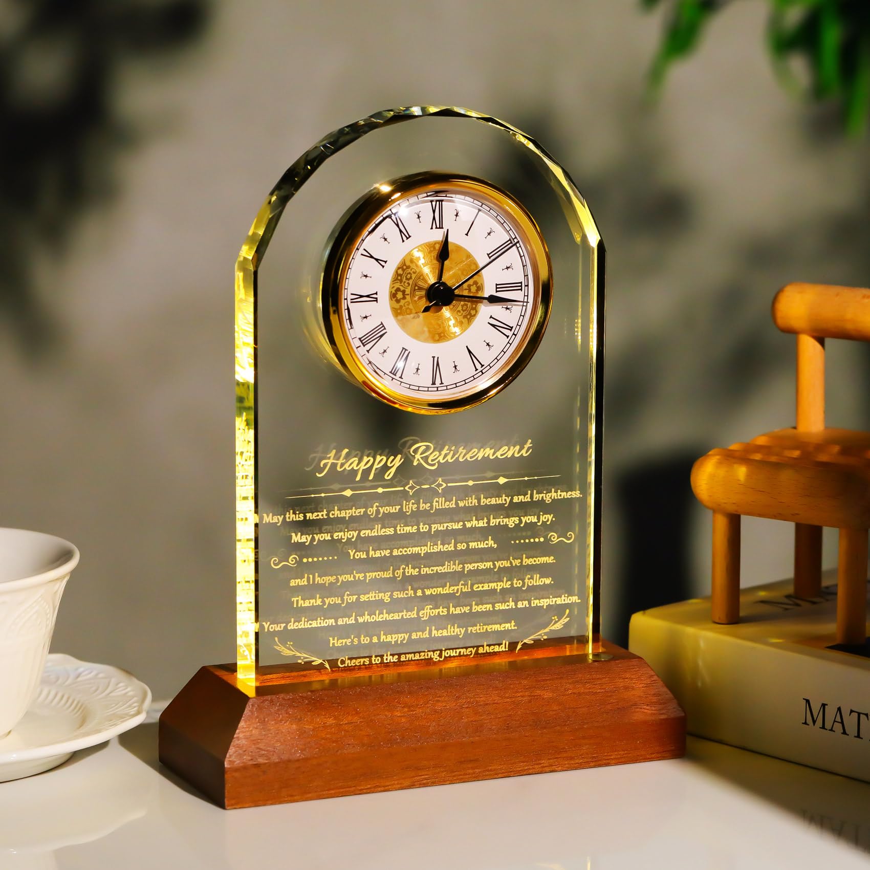 YWHL Retirement Clock Gifts for Women Men with Wooden Light Base, Happy Retirement Glass Plaque for Coworkers Boss, Going Away R