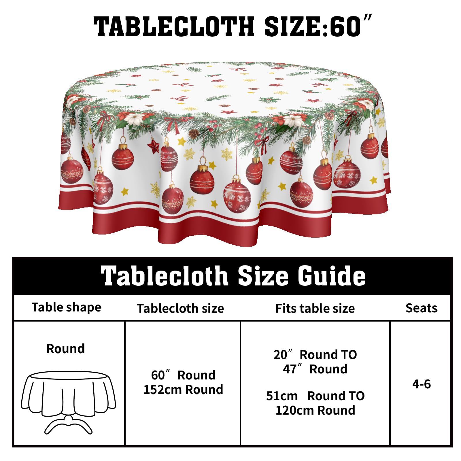 ABSOP Christmas Round Tablecloth 60 Inch Xmas Bells and Snowflake Pattern Table Cloth Circle Winter Holiday Table Cover Washable