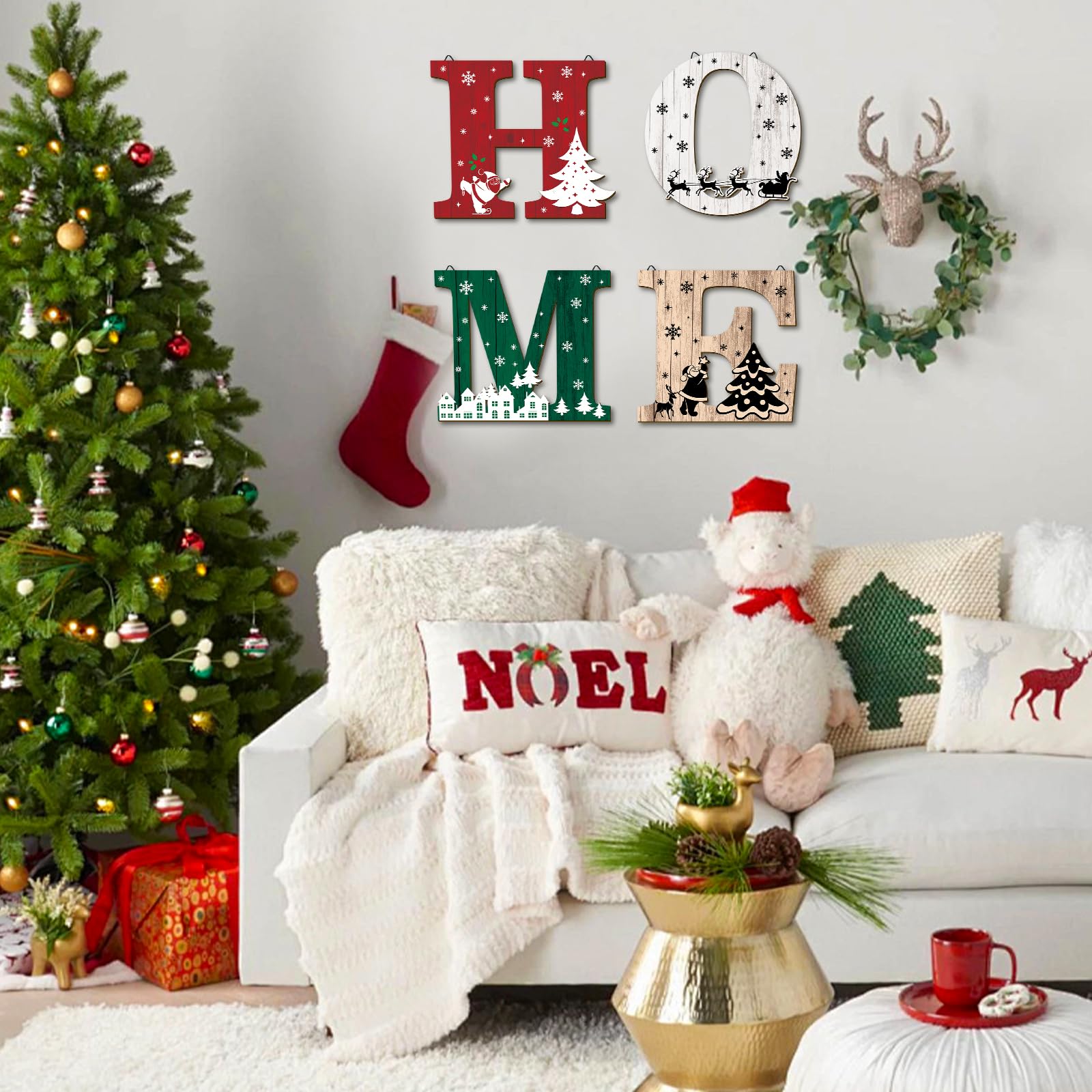 4 Pcs Wood Home Christmas Wall Decor - Red and Black Buffalo Plaid Rustic Sign for Living Room Kitchen Bedroom - Hanging Letters