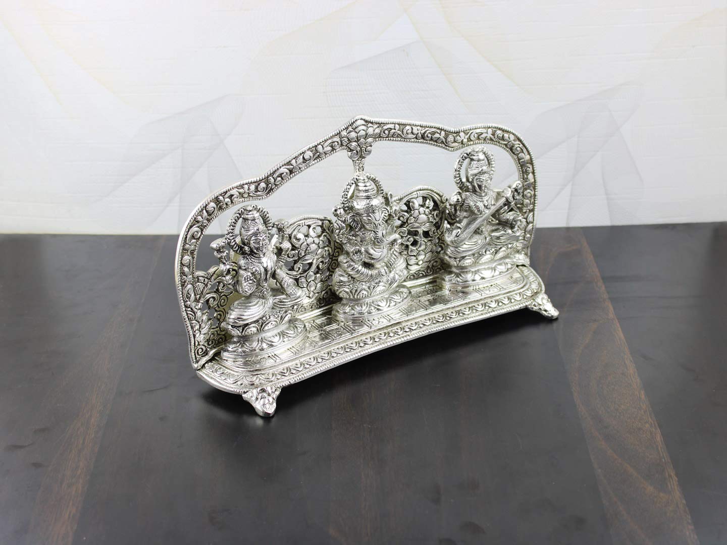 Goldgiftideas Oxidized White Metal Handcrafted Laxmi Ganesha Saraswati Idol For Pooja Room, Spiritual Gift Item, Laxmi Ganesh Sa