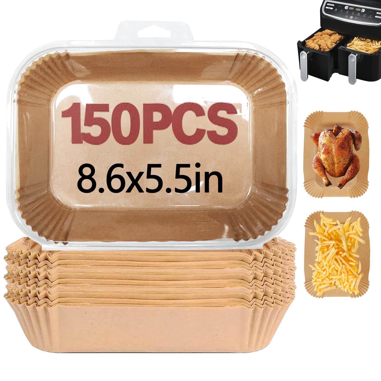 150PCS Air Fryer Liners for Ninja, 8.6 x 5.5 inch Disposable Air Fryer Paper Dual Basket, Non-Stick Unbleached Parchment Paper B