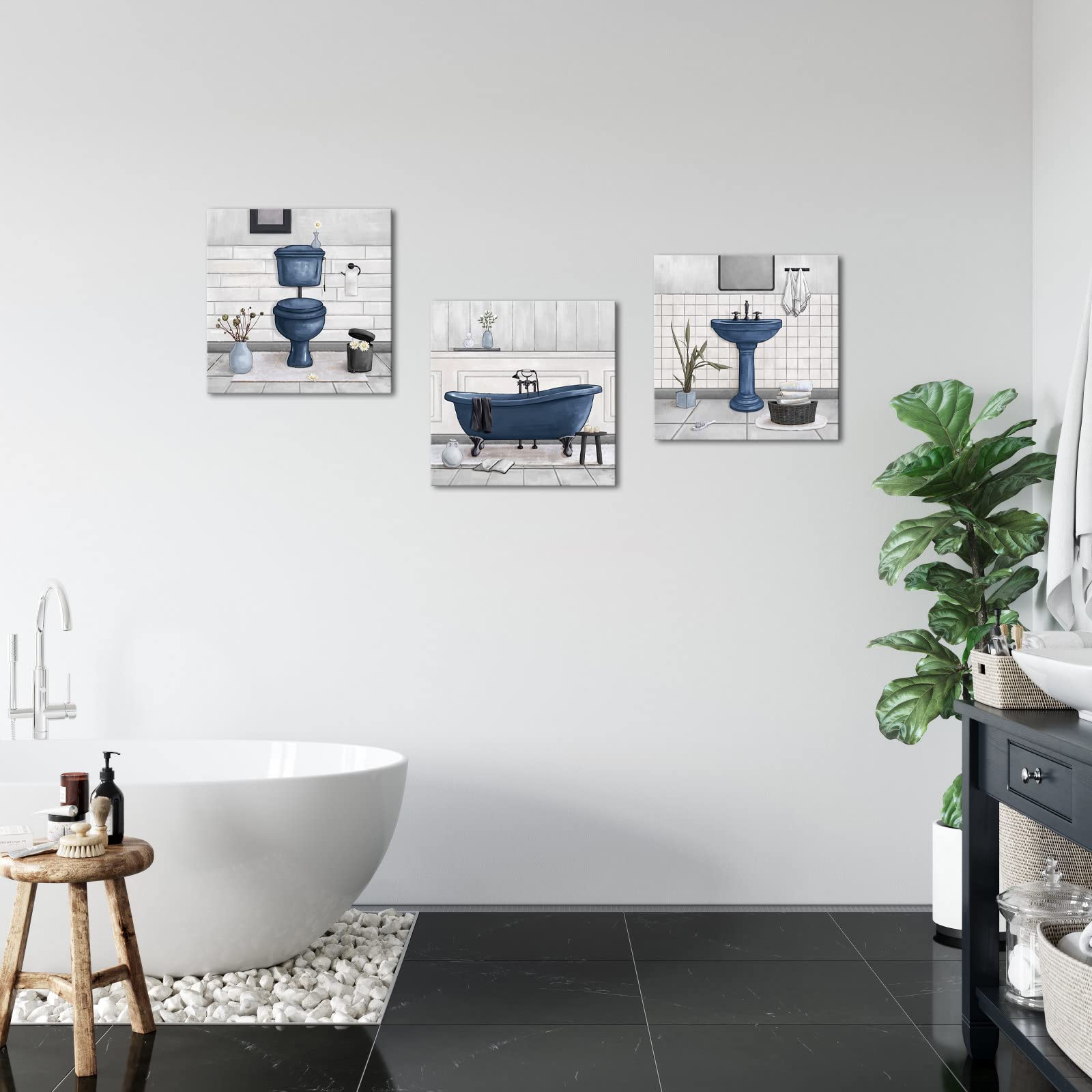 Homeoart Bathroom Wall Art Bath Tub Painting Picture Bathroom Wall Decor Framed Ready To Hang 12X12Inchx3,Deep Blue