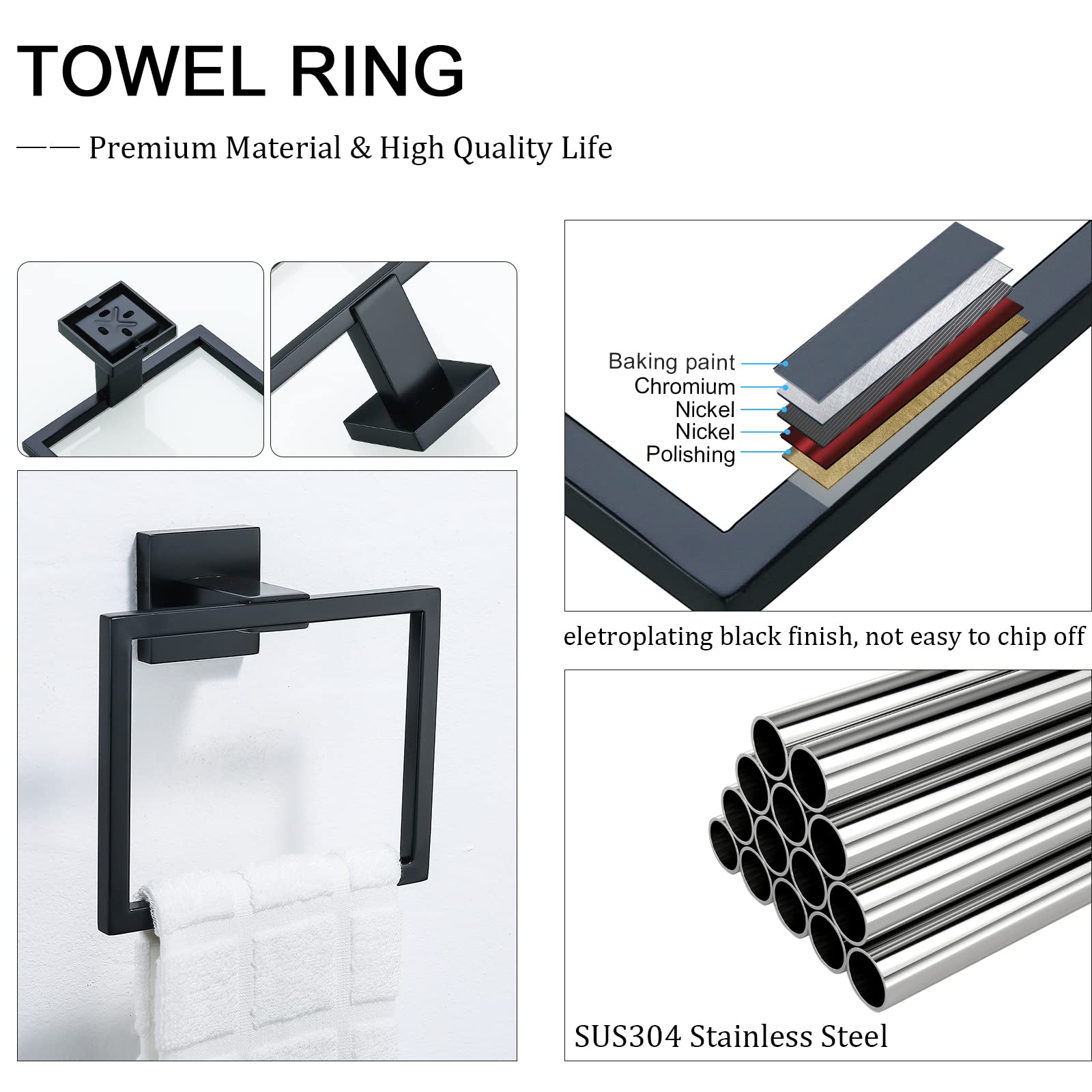Tqkag Matte Black Towel Ring Bathroom Hand Towel Holder Stainless Steel Square Towel Hangers Wall Mounted
