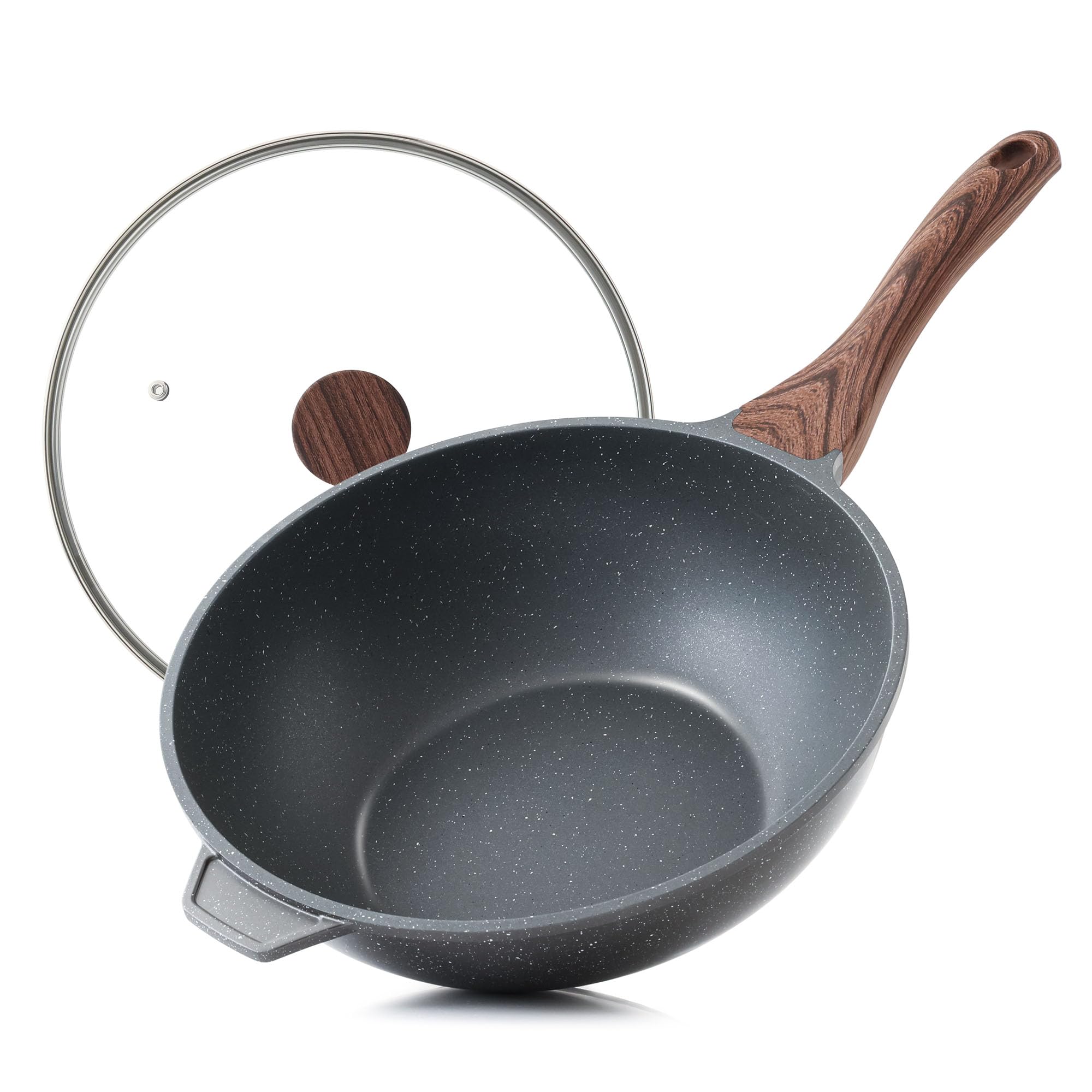 Sensarte Nonstick Wok Pan With Lid 11Inch, Healthy StirFry Pan Induction Cookware With Swiss Granite Coating, Deep Frying Pan 