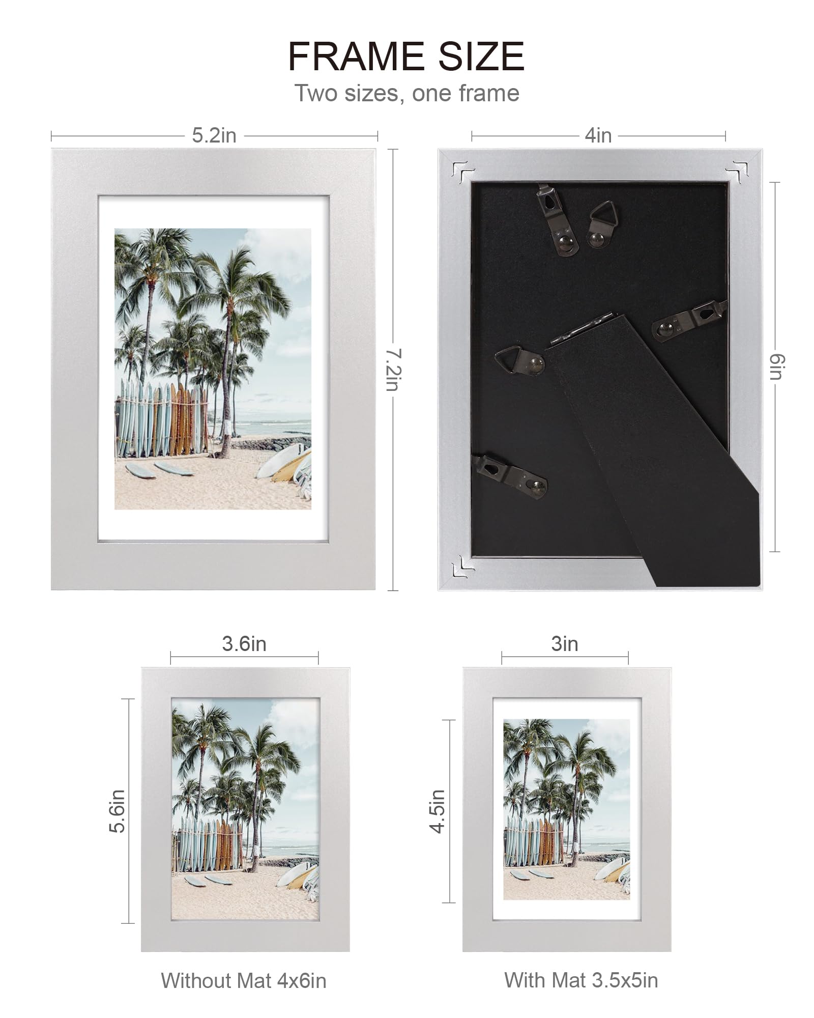Hongkee 4x6 Picture Frame (4 Pack, Silver), Made of Real Glass and Wooden Frame - Display Pictures 3.5x5 with Mat or 4x6 Without