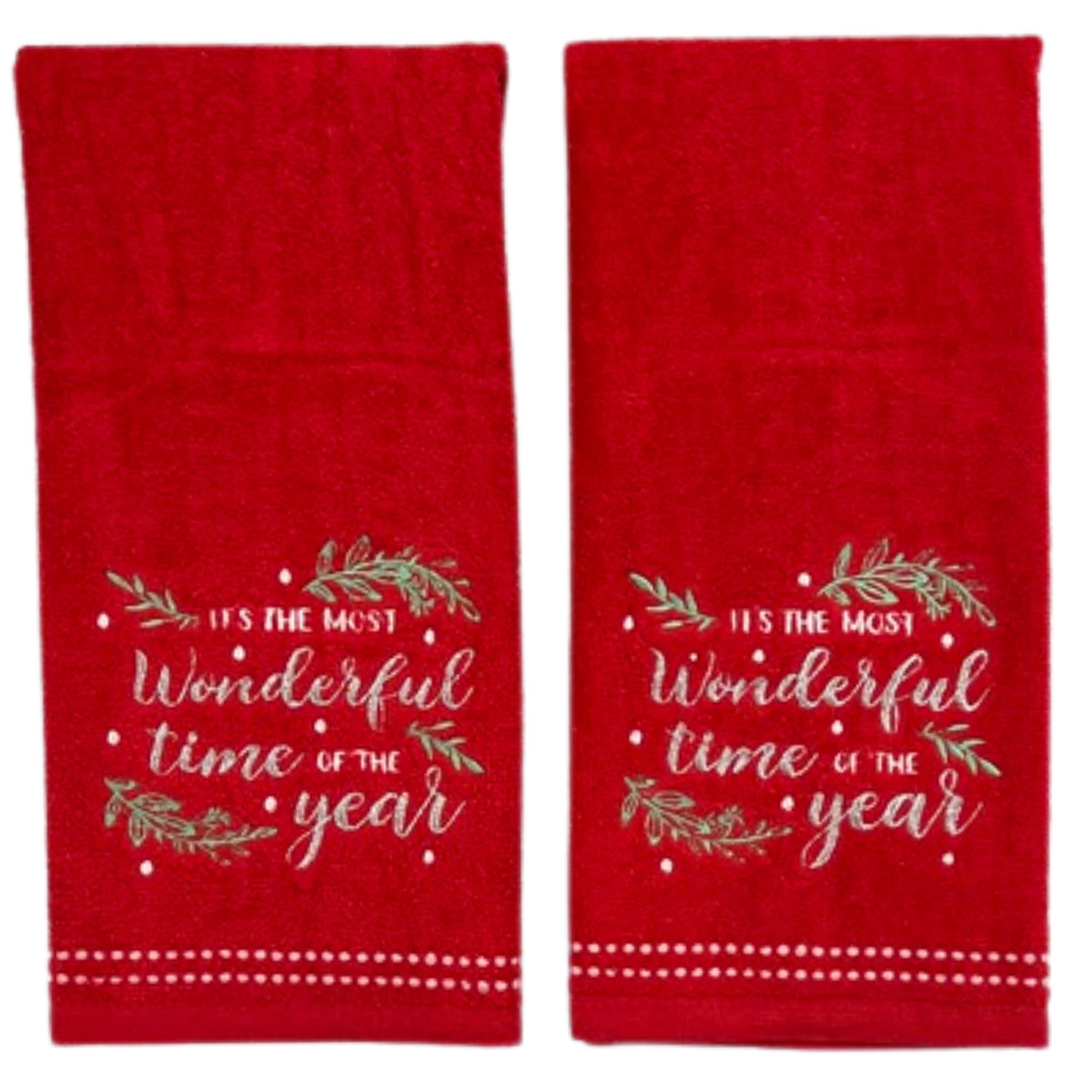 Christmas Bath Hand Towels, 16 X 25 Inches, 100% Cotton, Set Of 2, Red With Embroidered 'It'S The Most Wonderful Time Of The Yea