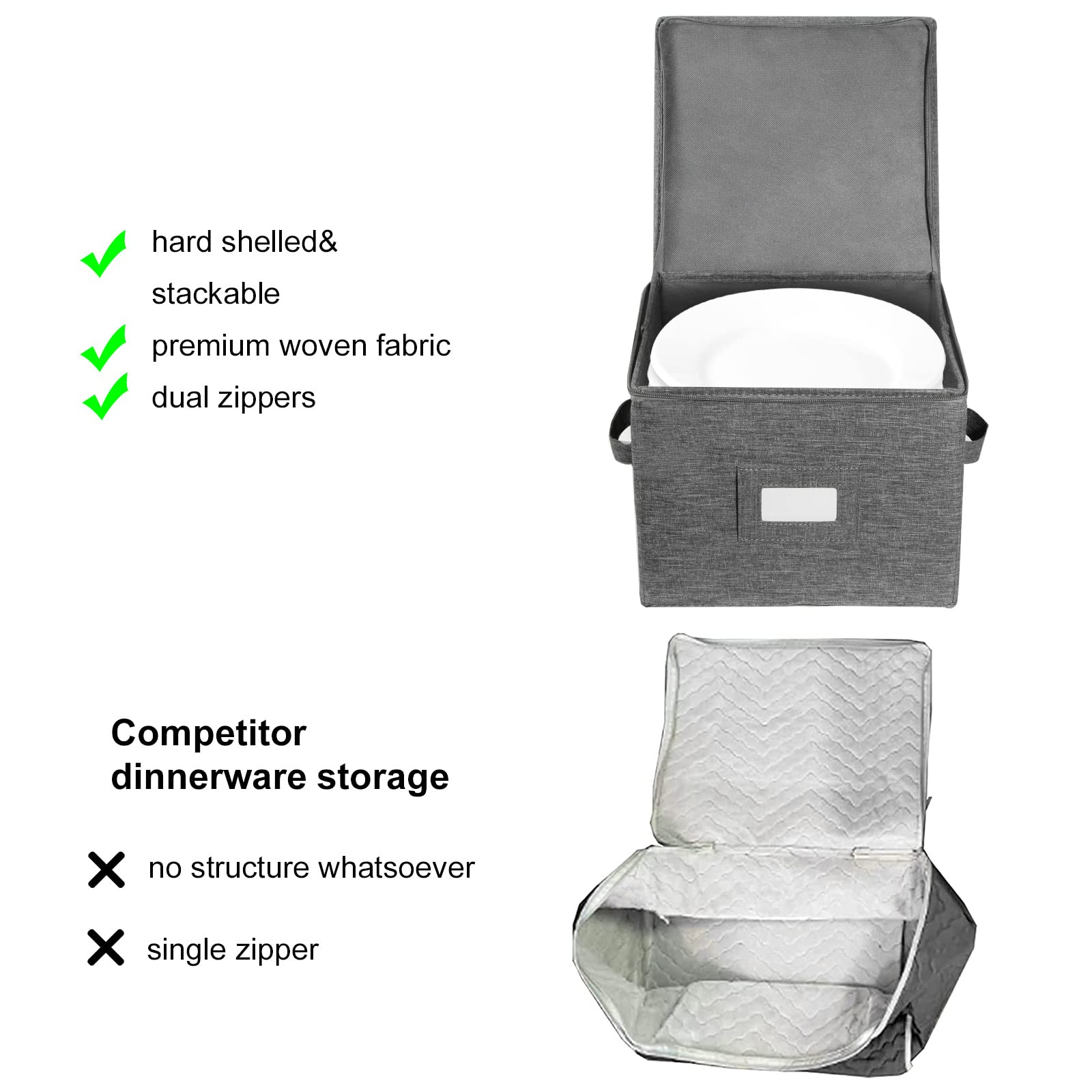 popoly China Storage Containers Inside 10'' W x 8'' H  Salad Plate Storage Box for Dishes Storage with 24 Felt Dividers  Hold 24 Plates  Hard Shell and Stackable (2 Pack Grey)