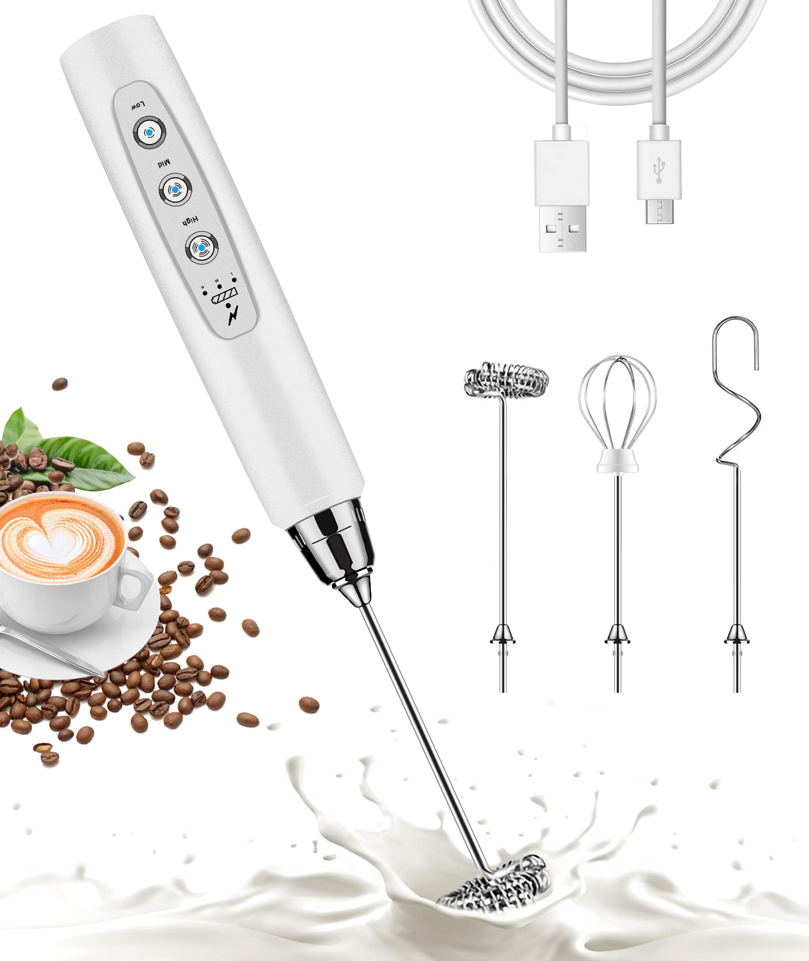 Nahida Handheld Milk Frother For Coffee, Rechargeable Electric Whisk With 3 Heads 3 Speeds Drink Mixer Foam Maker For Latte, Cap