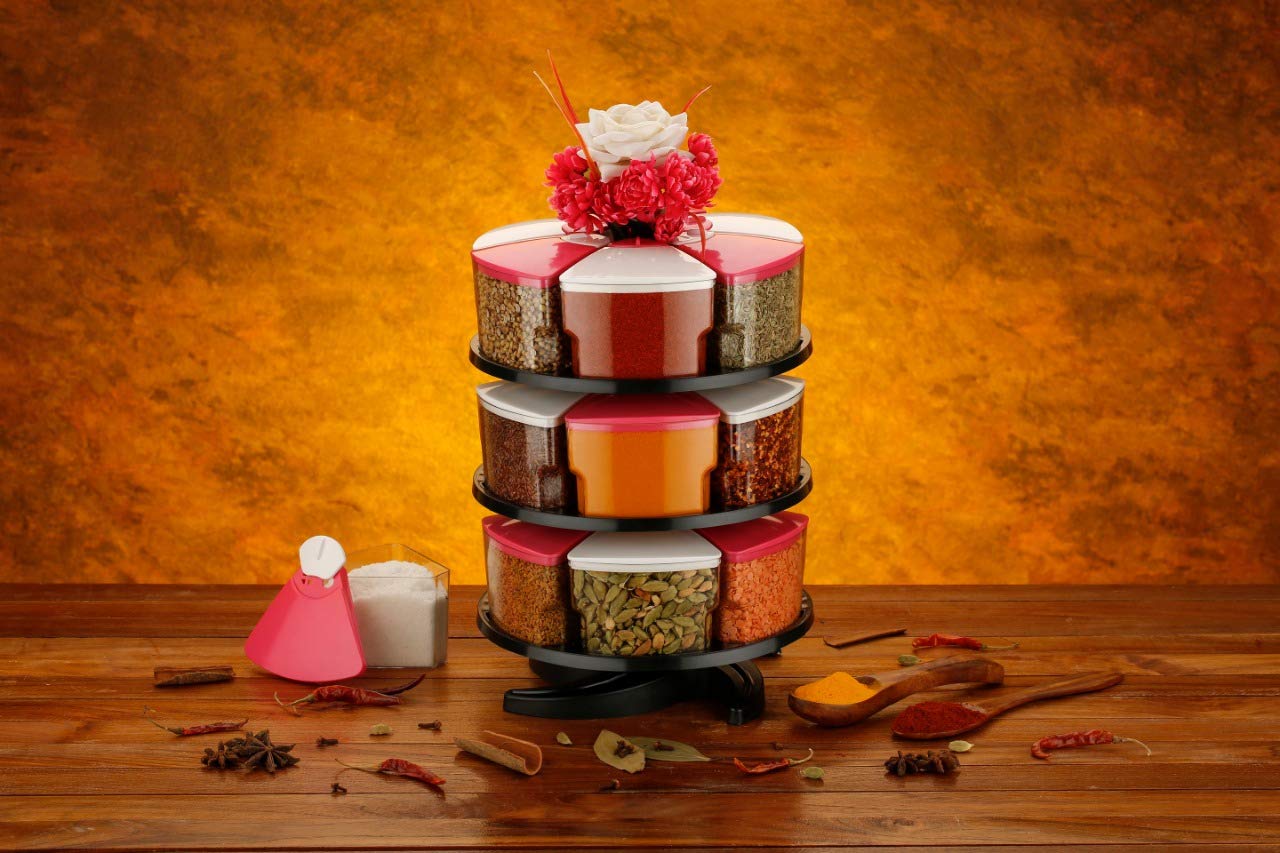 C V 360 Degree Revolving Round Shape Transparent Pack Of 18 Jar Spice Rack/Container 3 Layer Spice Rack Pink