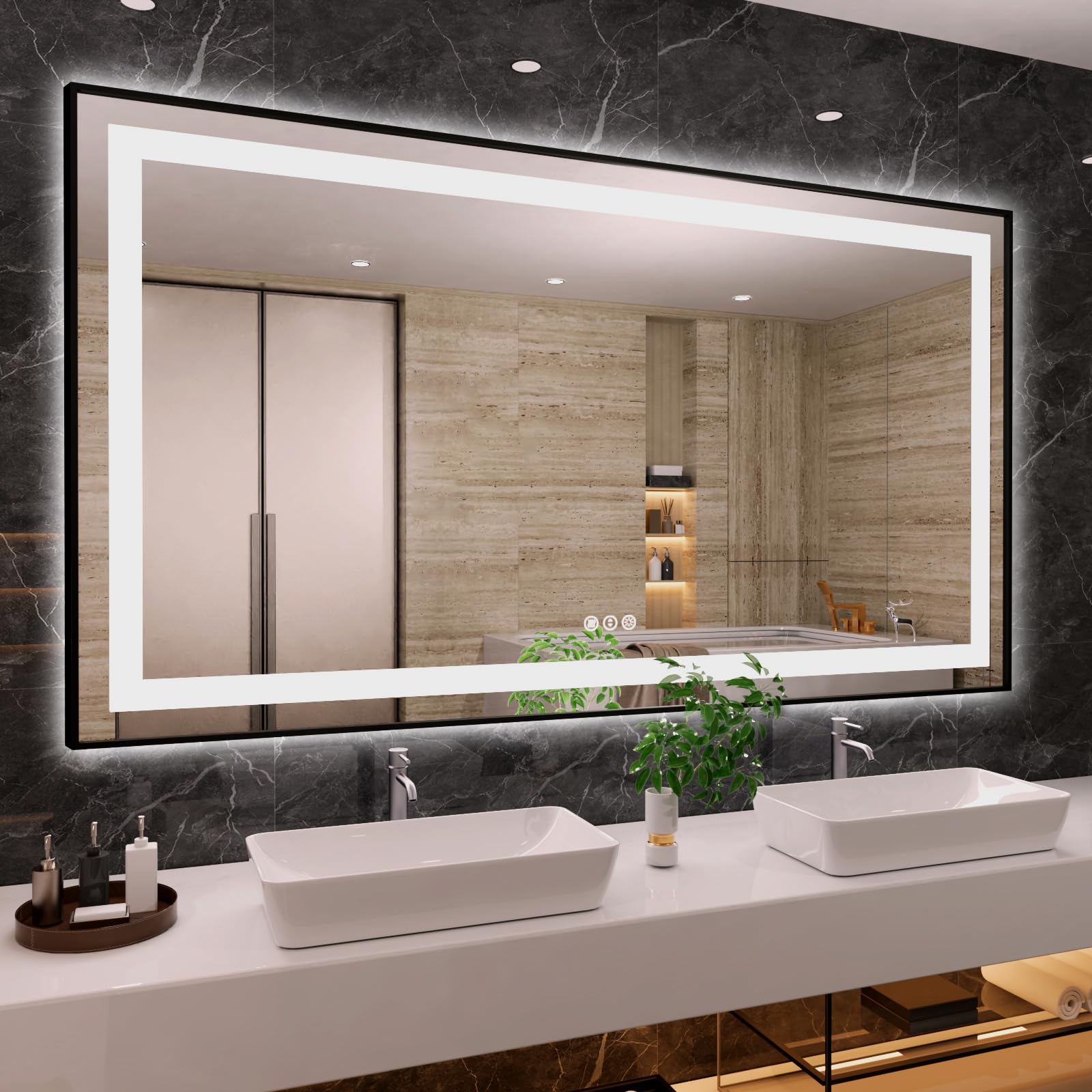 Amorho 72''X 40'' Led Bathroom Mirror With Black Frame, Front Light And Backlit, Stepless Dimmable, Anti-Fog, Shatter-Proof, Mem