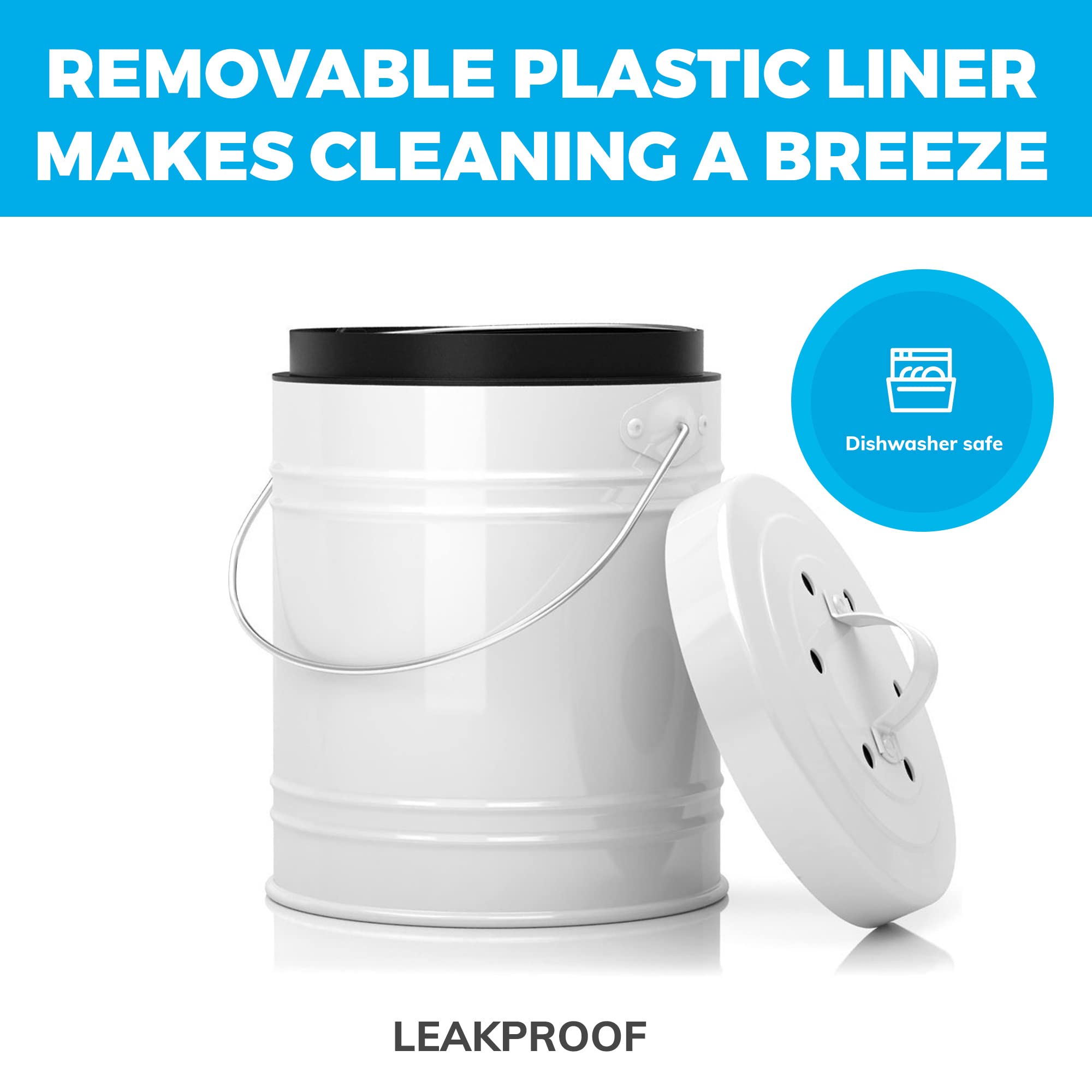 Compost Bin For Kitchen Countertop - Sturdy 3 Liter White Countertop Kitchen Compost Bin W/Ez- No Lock Lid, And Separate Plastic