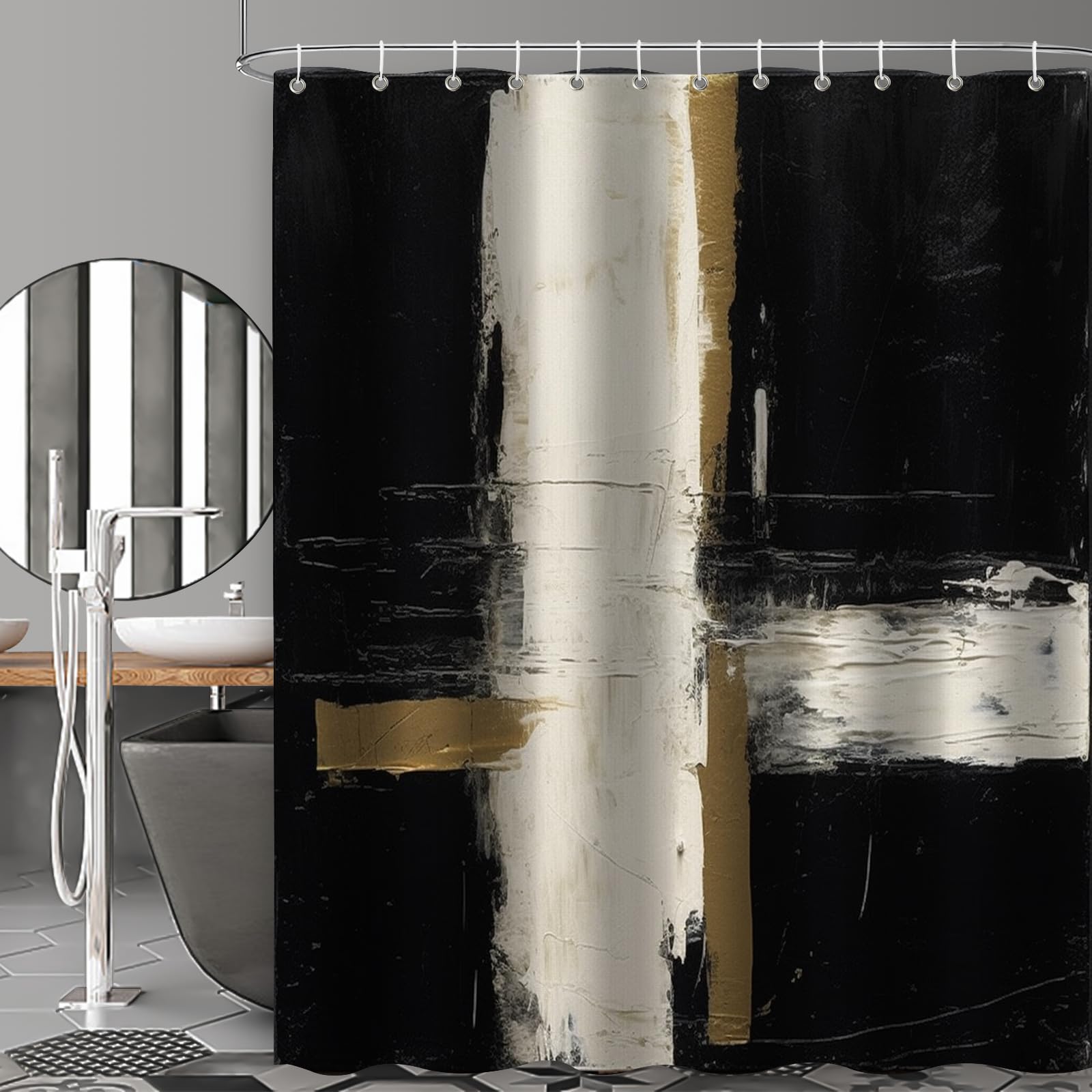 Tiyaandsy Oil Painting Abstract Shower Curtain For Bathroom, Black White Brown Rectangle Boho Shower Curtain Set, Brush Strokes