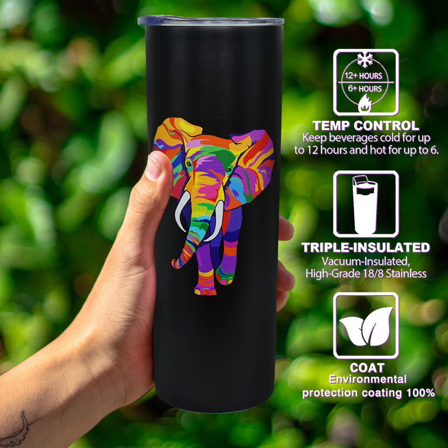 Elephant Tumbler With Lid And Straw- Elephant Gifts For Women, Men - Colorful Elephants Cup, Skinny Tumbler, Water Bottle, Coffe