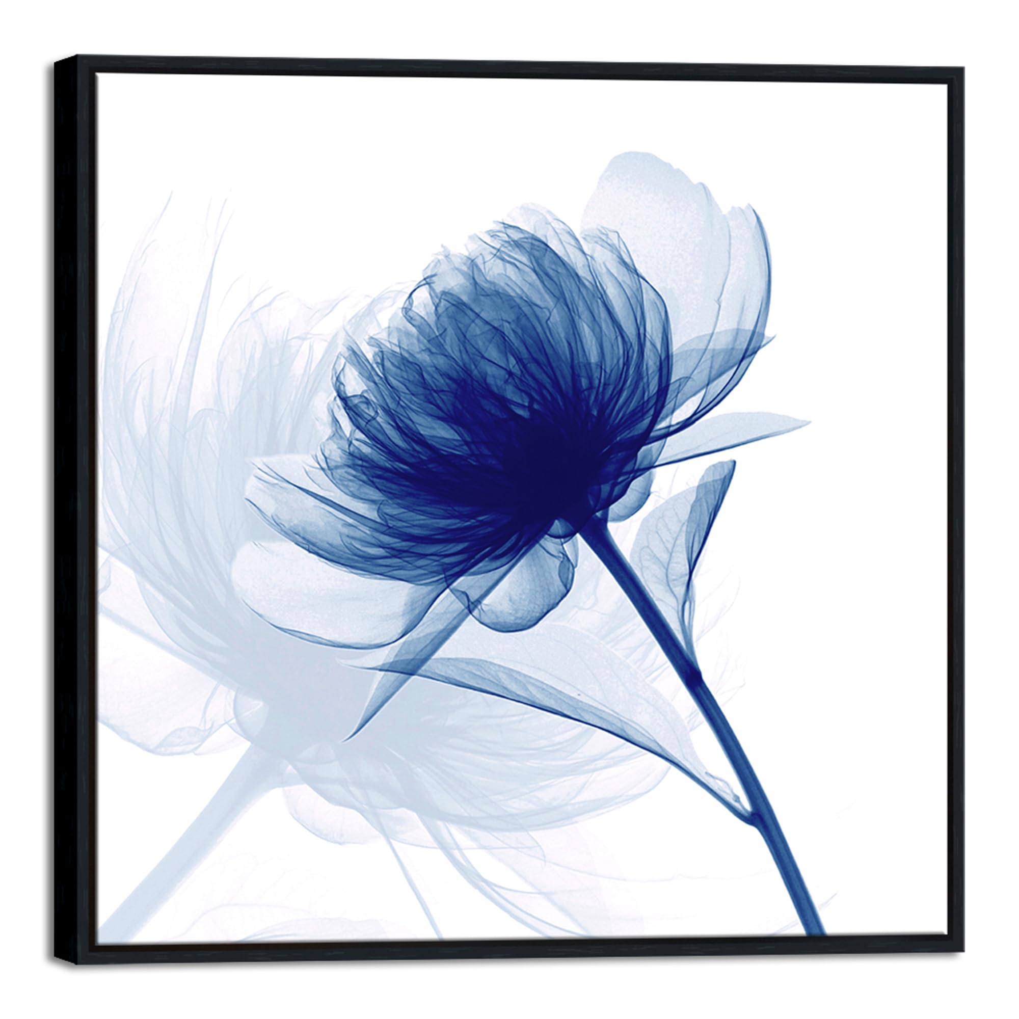 Pyradecor Large Black Framed Blue Flickering Flower Modern Paintings Canvas Wall Art Grace Floral Pictures On Canvas Prints One