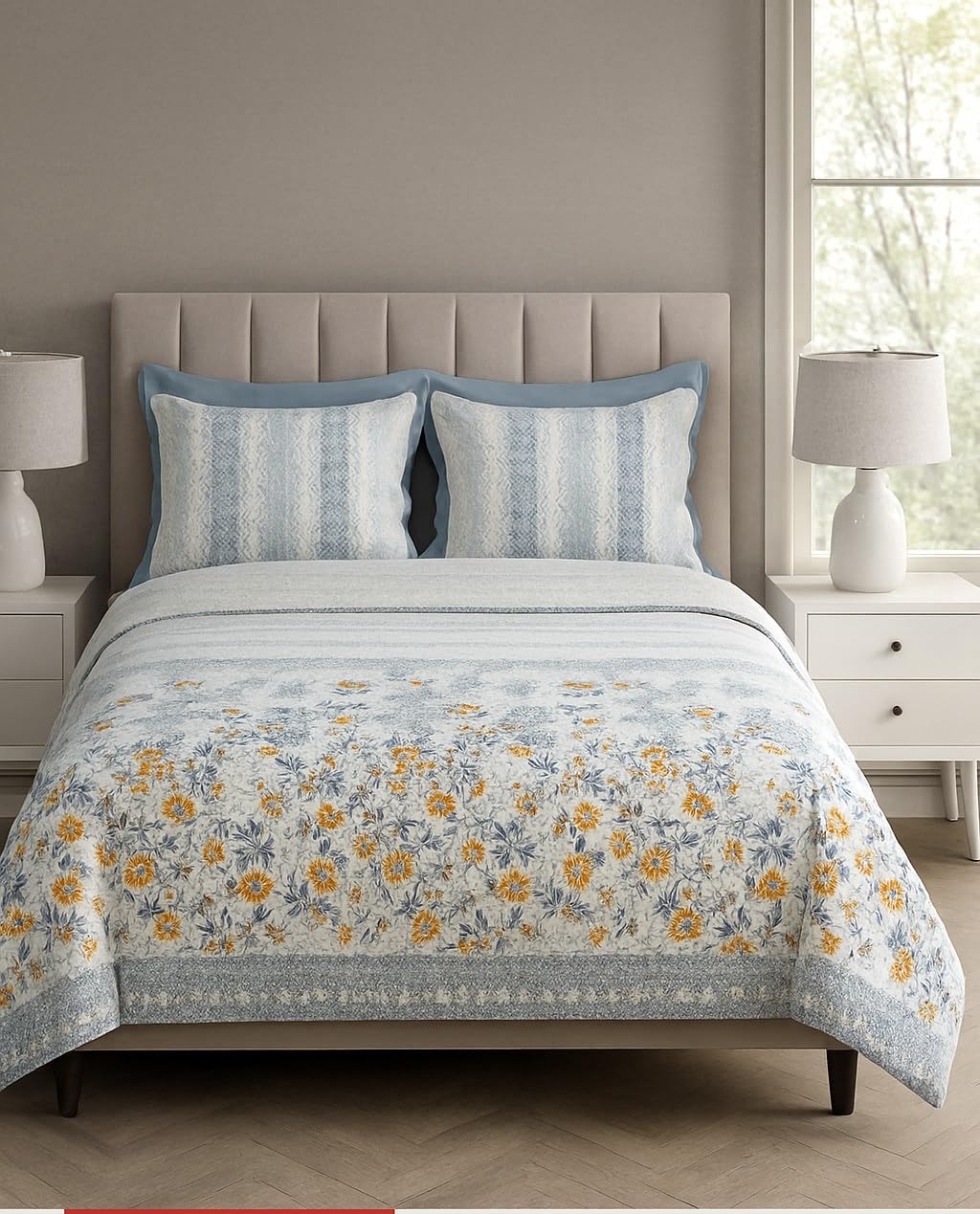 Rajasthan Handloom Floral Print Double Bedsheet Set, 274 X 274 Cm, 2 Pillowcases (Teal)