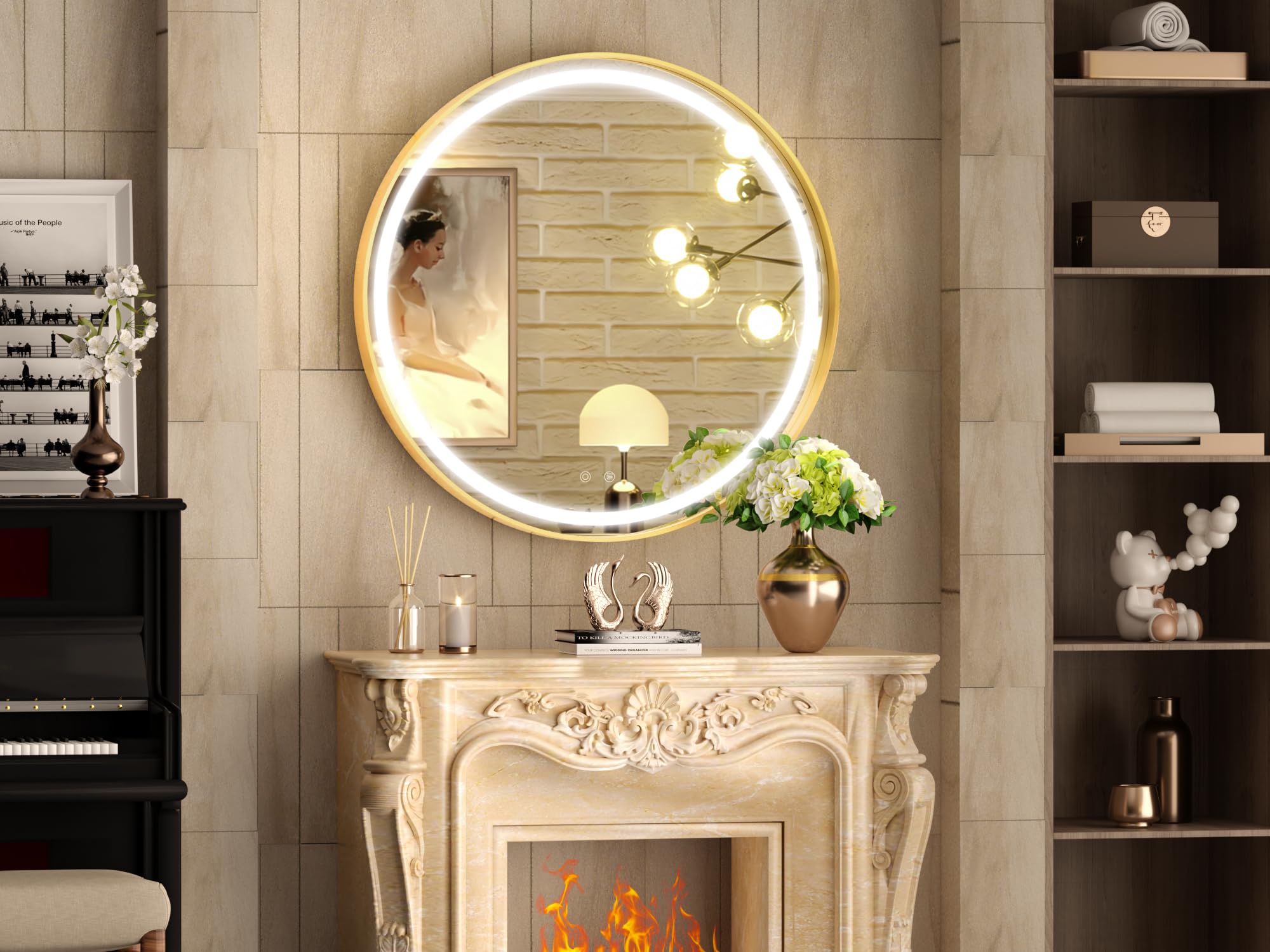 Hasipu 24 Round Led Mirror For Bathroom With Lights, Gold Circle Vanity Mirror For Wall, Metal Framed Frontlit Bathroom Mirrors