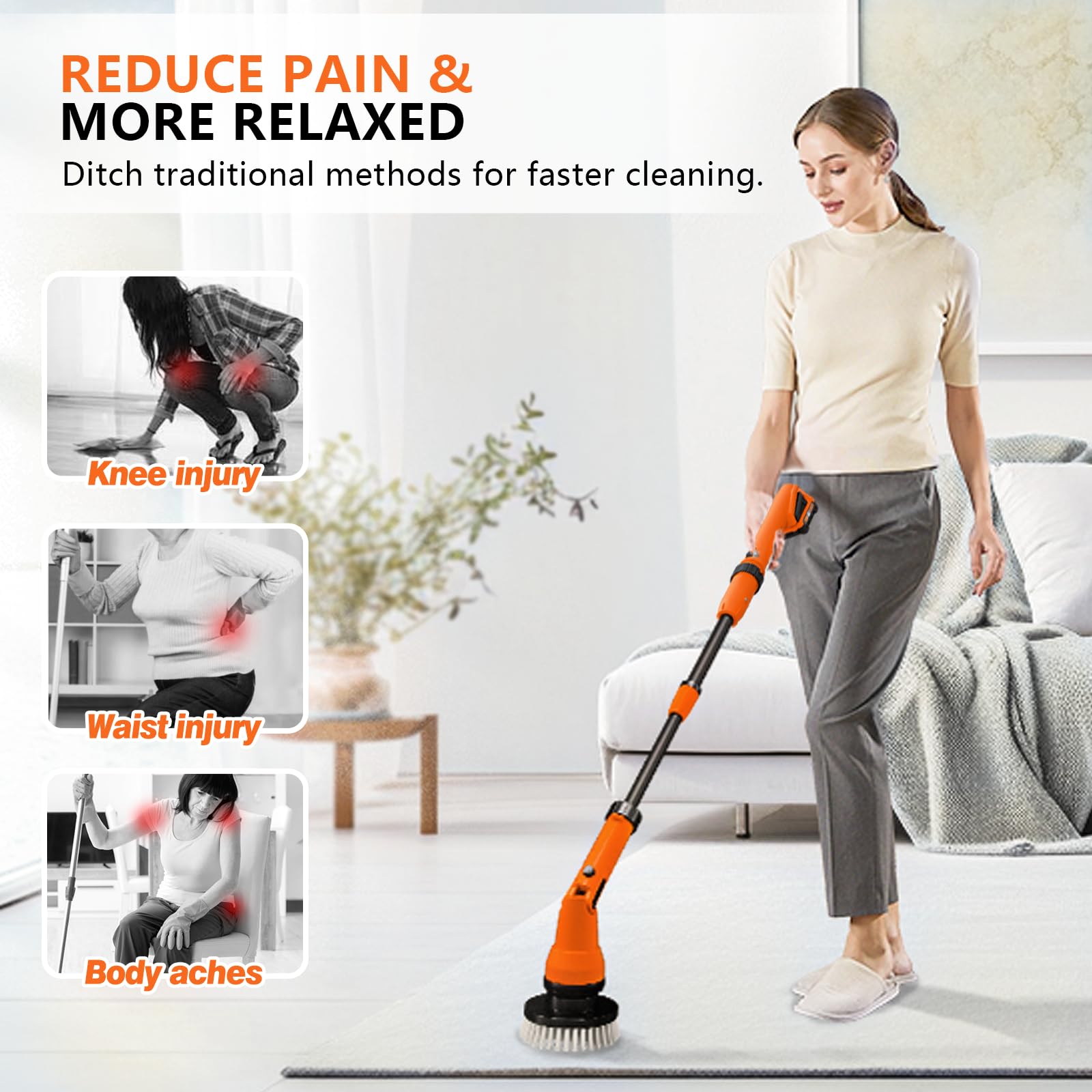 1000RPM Electric Spin Scrubber  20V Cordless Cleaning Brush with Adjustable Extension Arm  4 Replaceable Cleaning Heads  Hook and Gloves  1 Hour Fast Charge  Waterproof - for Bathroom/Tub/Tile/Floor